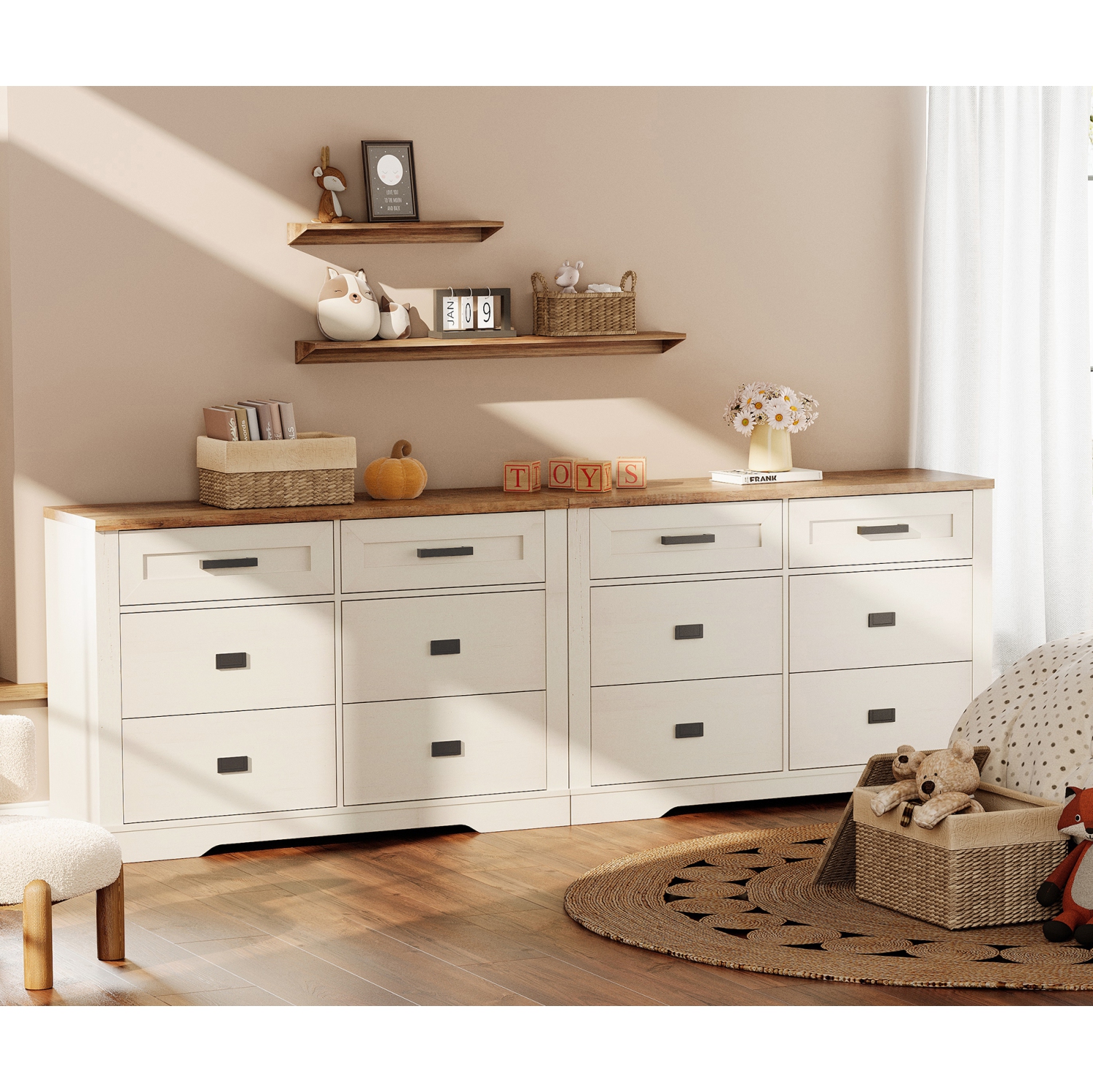 WAMPAT – Commode 2-en-1 pour chambre à coucher avec 12 tiroirs, commode de rangement de 94&nbsp;po de large, range-tout pour vêtements en bois, salle