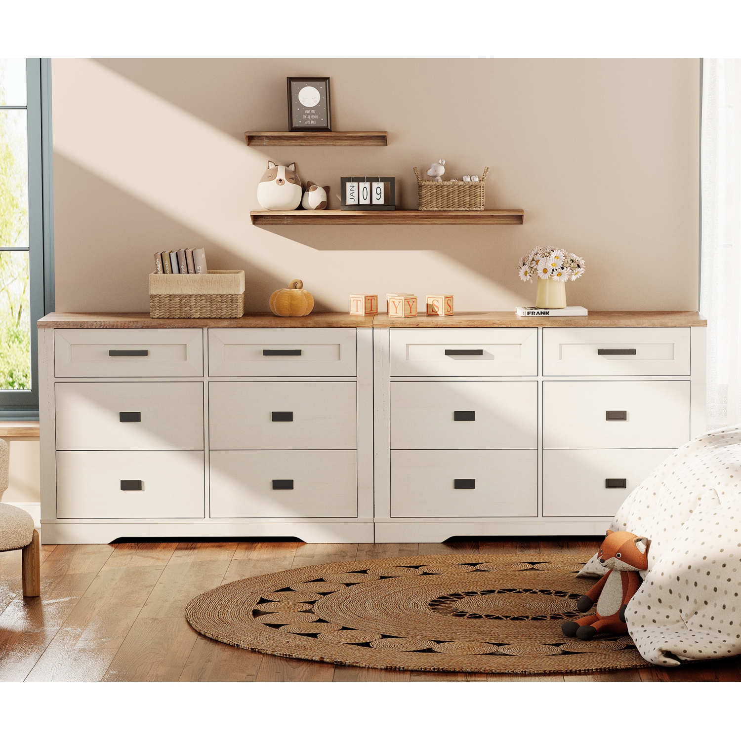 WAMPAT – Commode 2-en-1 pour chambre à coucher avec 12 tiroirs, commode de rangement de 94&nbsp;po de large, range-tout pour vêtements en bois, salle