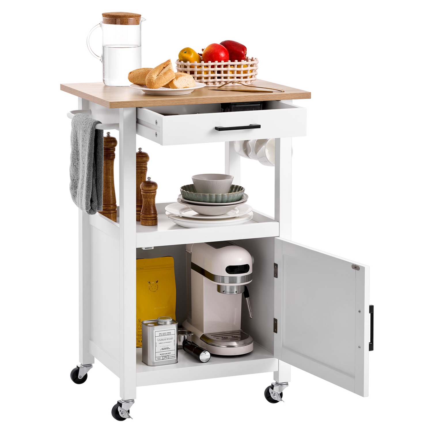 VEVOR 18x23 in Kitchen Island Cart with Single Door Cabinet, Mobile Carts with Drawer, Towel Rack, Hooks, Portable Table on Swivel Wheels,Small