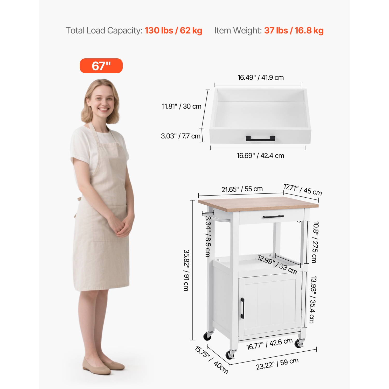 VEVOR 18x23 in Kitchen Island Cart with Single Door Cabinet, Mobile Carts with Drawer, Towel Rack, Hooks, Portable Table on Swivel Wheels,Small