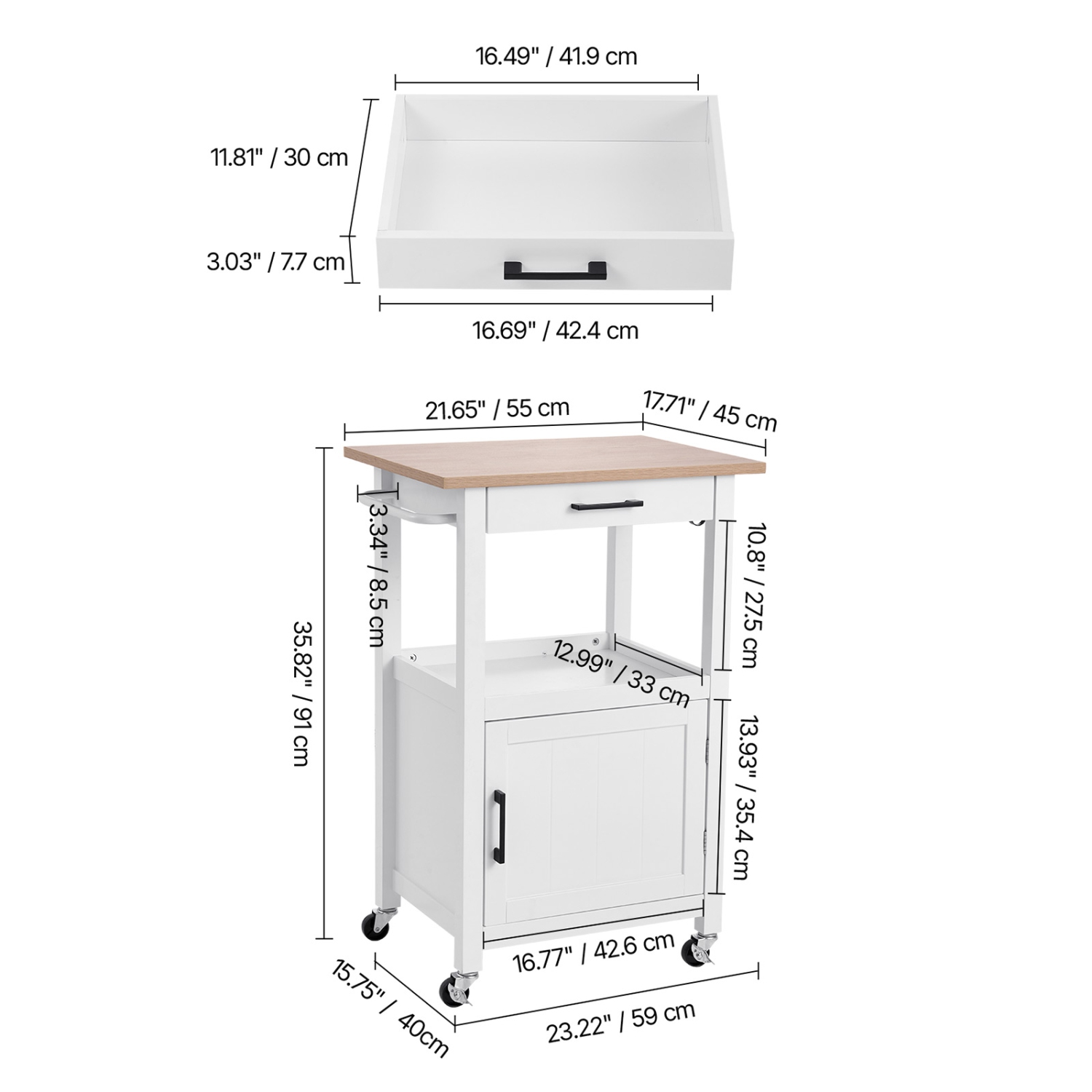 VEVOR 18x23 in Kitchen Island Cart with Single Door Cabinet, Mobile Carts with Drawer, Towel Rack, Hooks, Portable Table on Swivel Wheels,Small