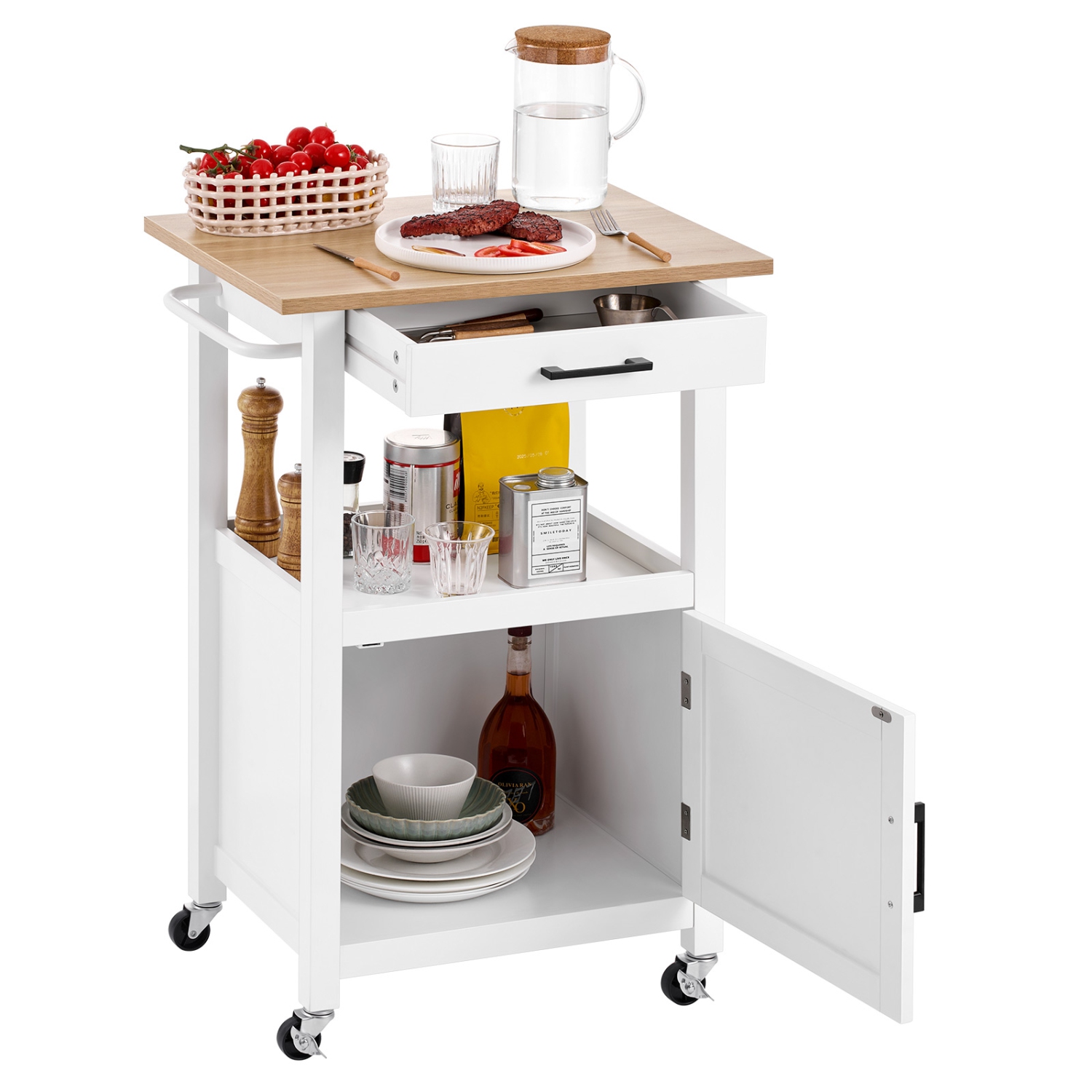 VEVOR 18x23 in Kitchen Island Cart with Single Door Cabinet, Mobile Carts with Drawer, Towel Rack, Hooks, Portable Table on Swivel Wheels,Small
