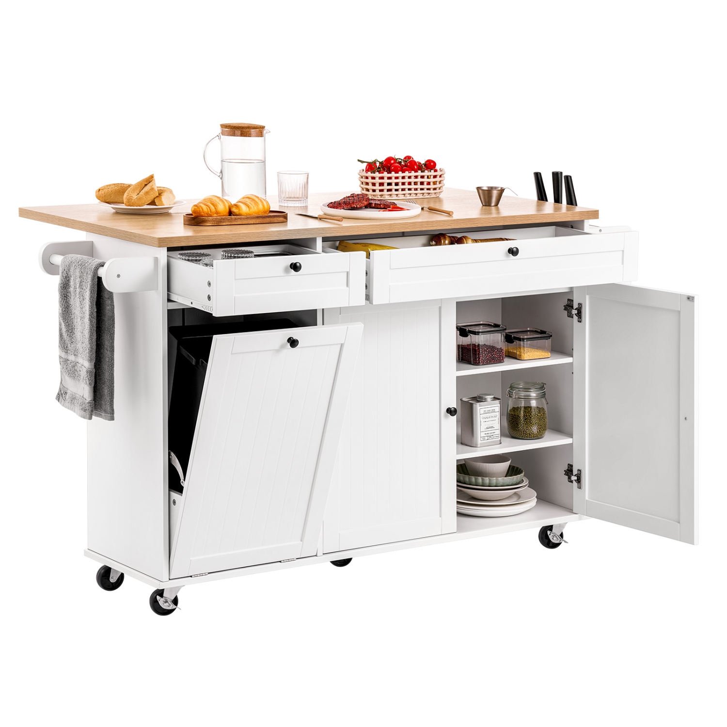 VEVOR 60in Wide Kitchen Island Cart with Storage, Mobile Kitchen Cart with Wheels, Drop Leaf, 2 Drawers, Trash Can Cabinet, Knife Holder, Spice Rack,