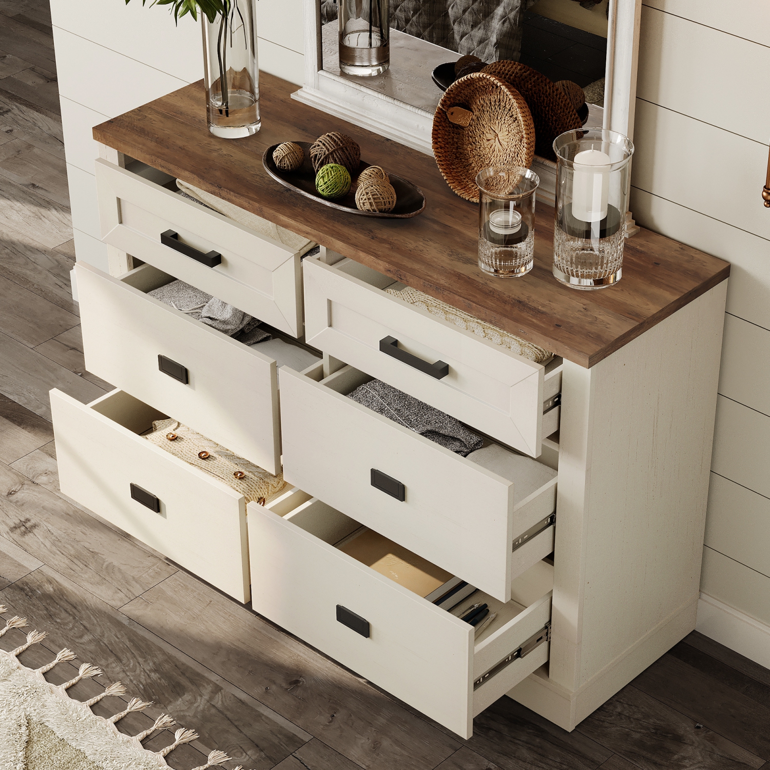 WAMPAT Farmhouse TV Stand for up to 55 inch TV,Wooden Dresser with 6 Drawers,Modern Entertainment Center 47.2" TV Console Table for Living