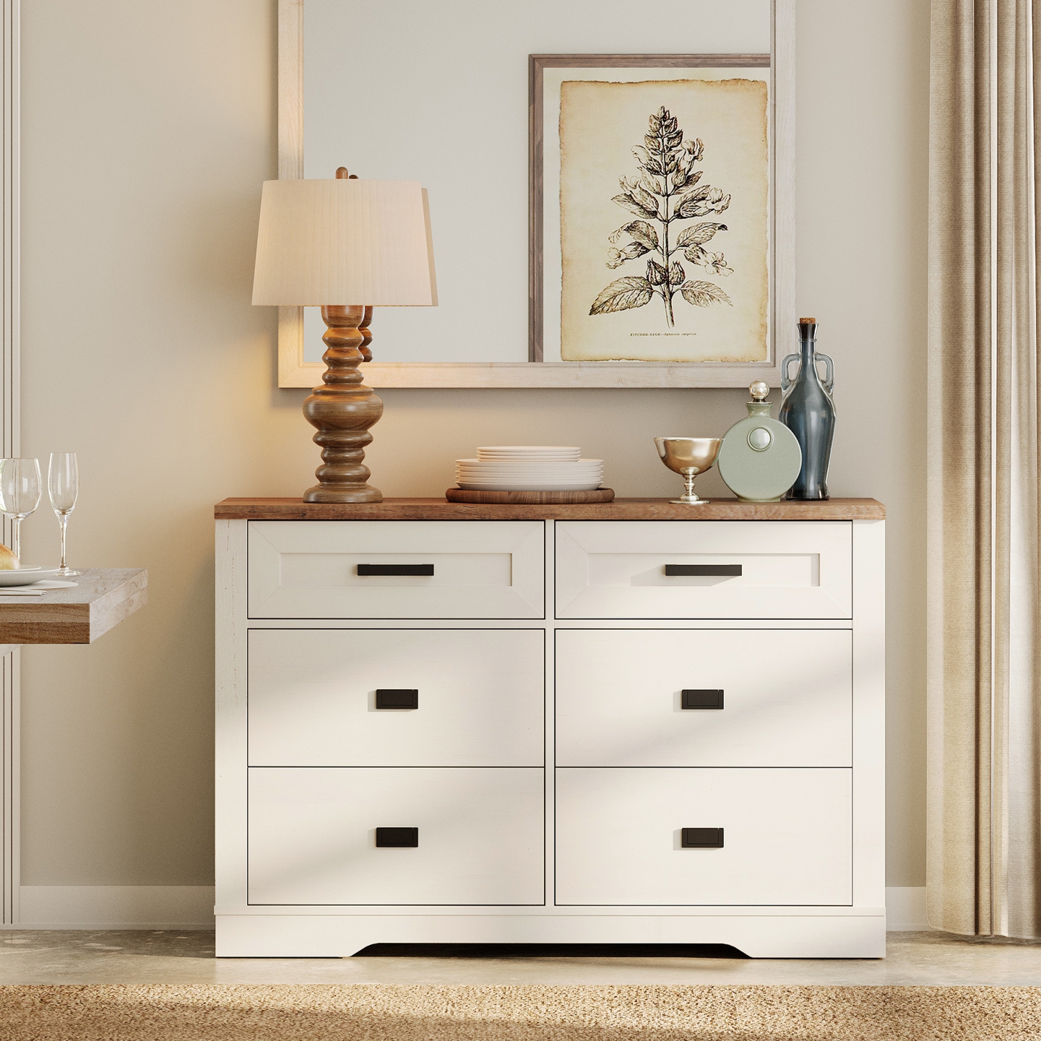 WAMPAT Farmhouse TV Stand for up to 55 inch TV,Wooden Dresser with 6 Drawers,Modern Entertainment Center 47.2" TV Console Table for Living