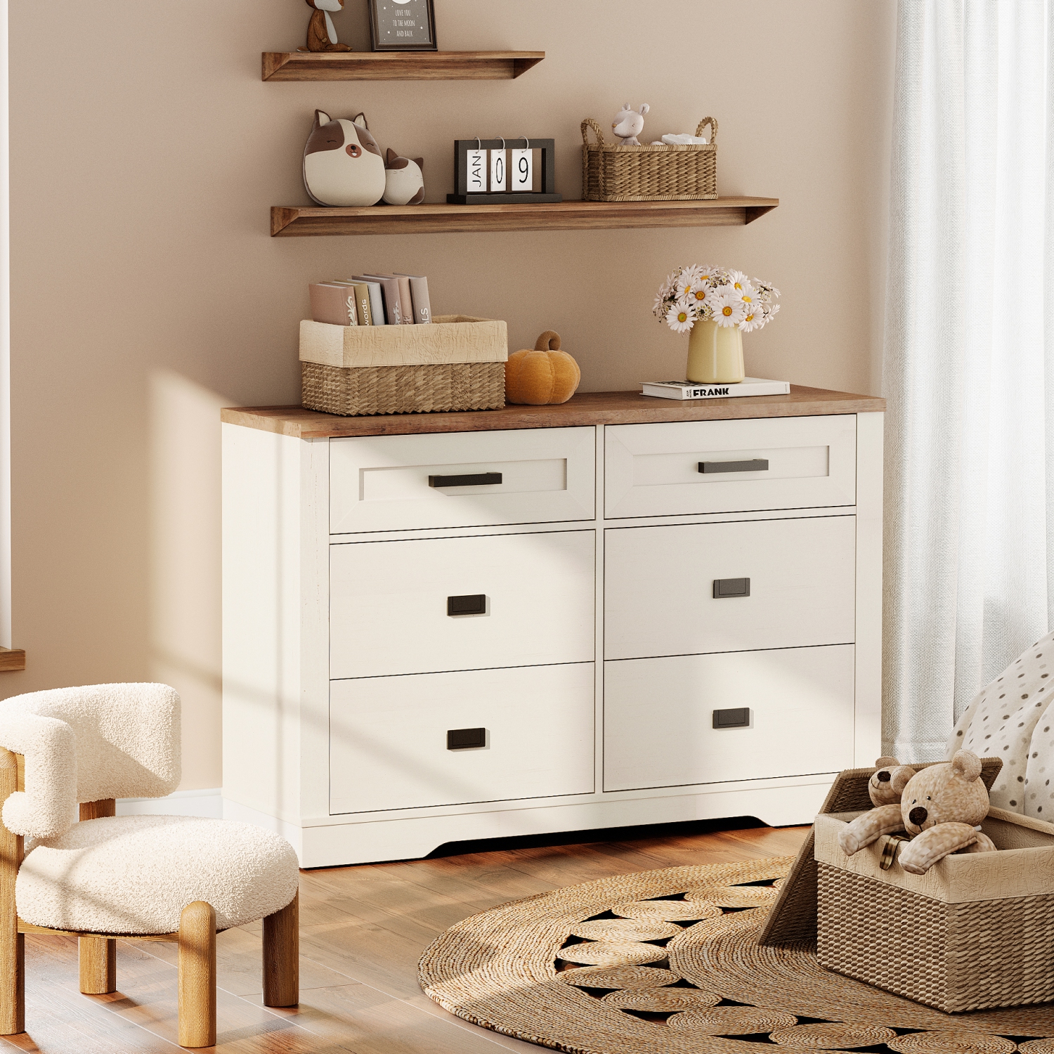 WAMPAT Farmhouse TV Stand for up to 55 inch TV,Wooden Dresser with 6 Drawers,Modern Entertainment Center 47.2" TV Console Table for Living