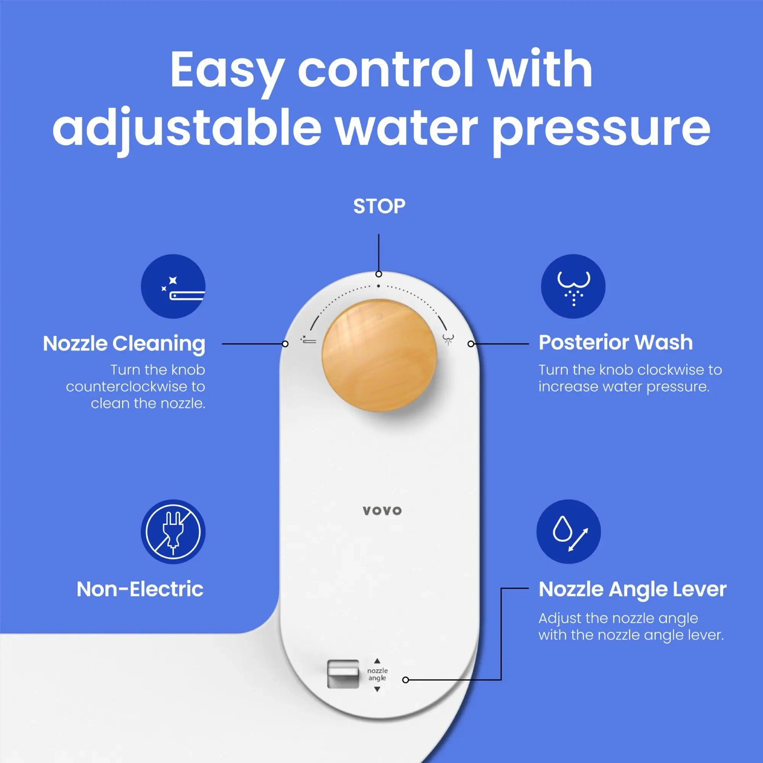 VOVO Basic 9, poignée en bambou véritable, fonction de lavage, embout autonettoyant, accessoire bidet non électrique pour siège de toilette, pression