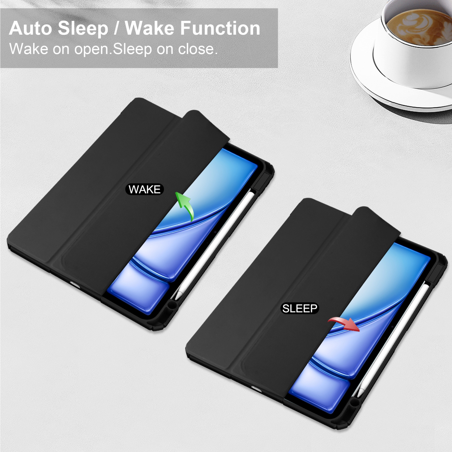 For iPad Air 13) Tri-fold TPU Pen Slot Acrylic Case - Black