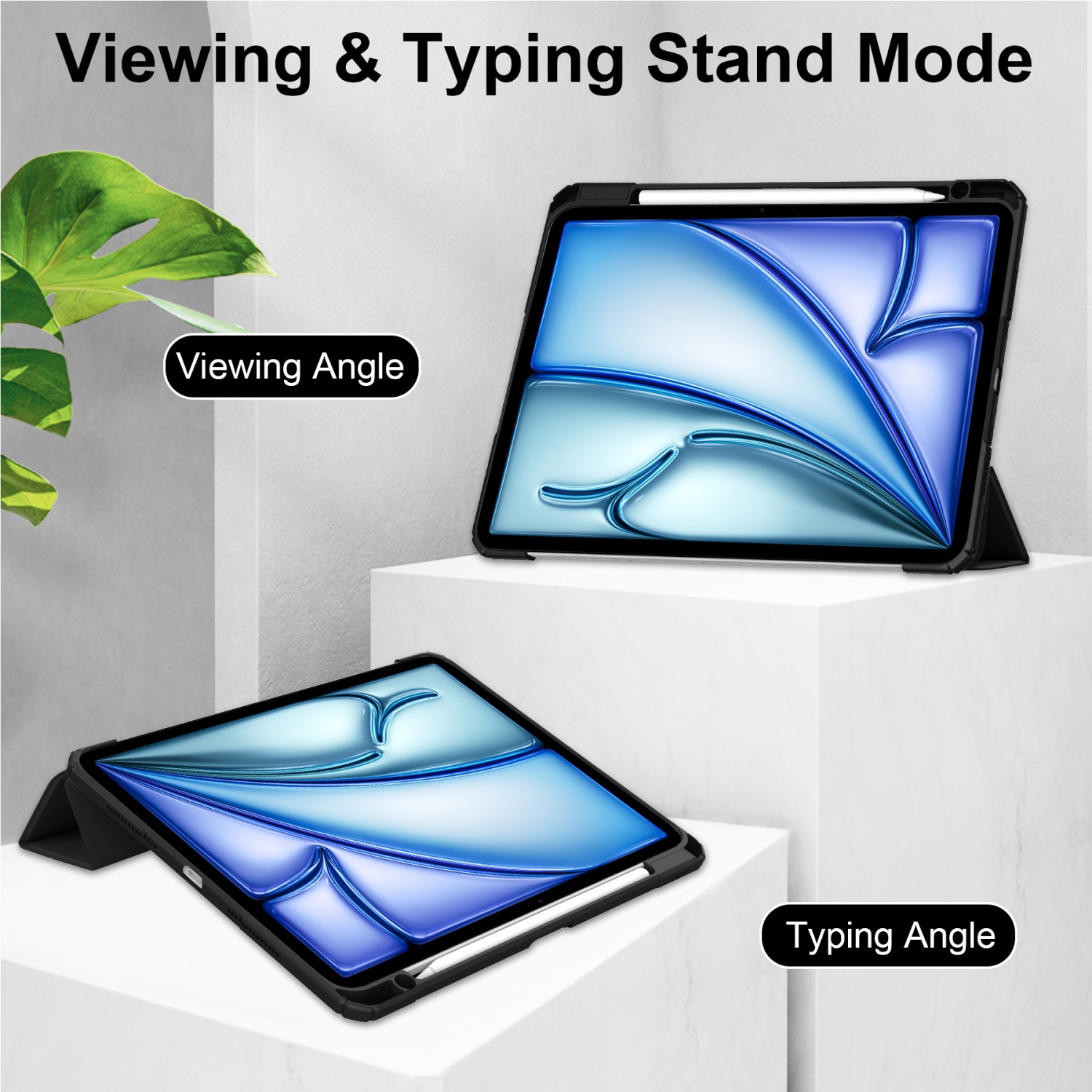 For iPad Air 13) Tri-fold TPU Pen Slot Acrylic Case - Black