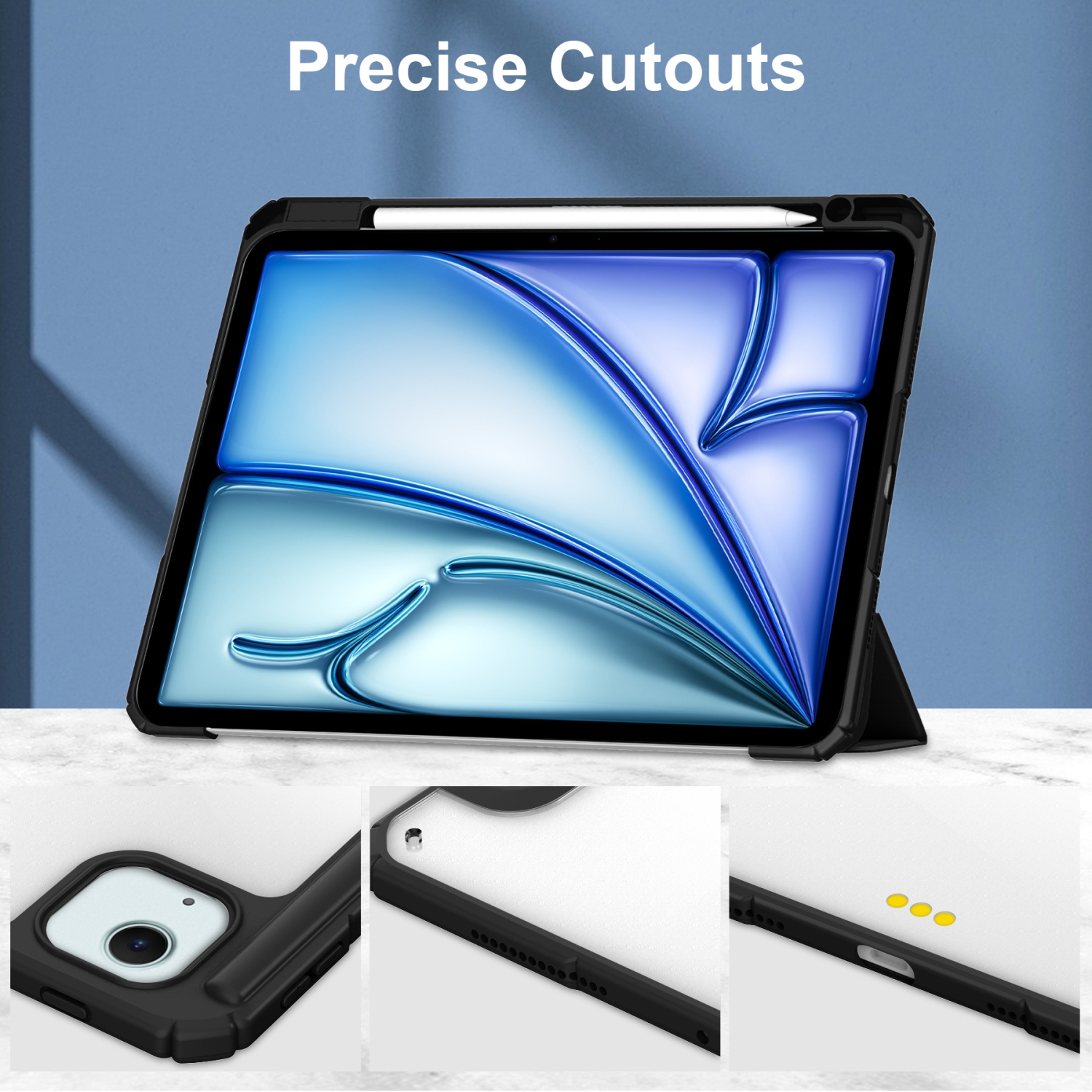 For iPad Air 13) Tri-fold TPU Pen Slot Acrylic Case - Black