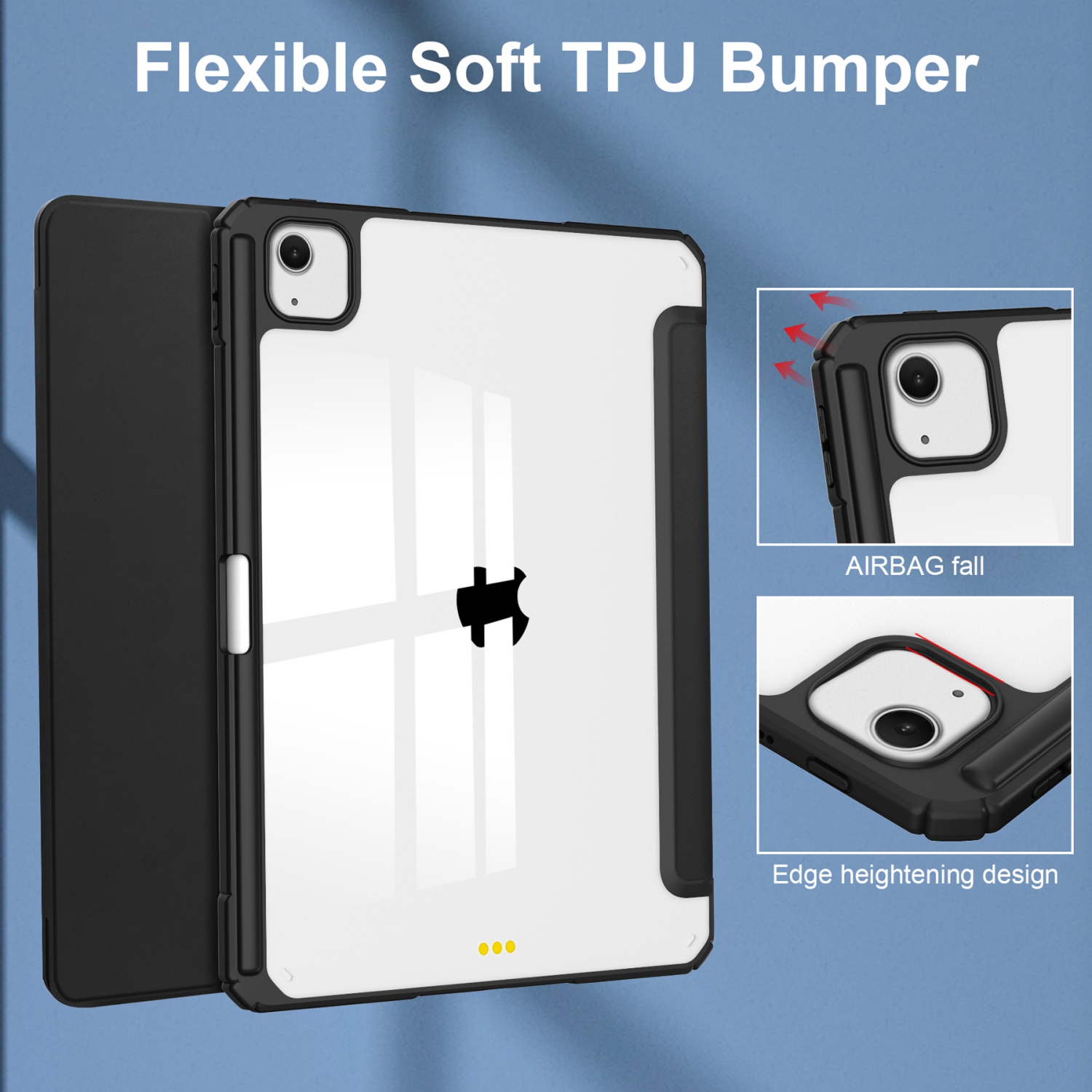 For iPad Air 13) Tri-fold TPU Pen Slot Acrylic Case - Black