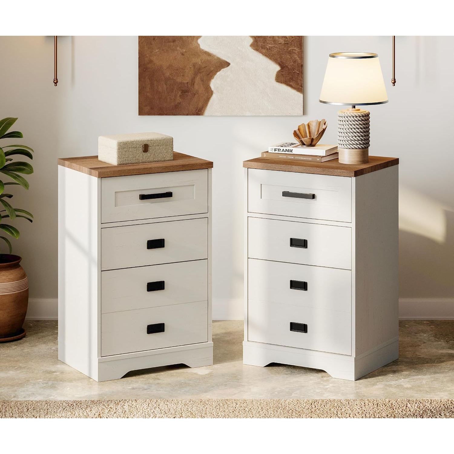 WAMPAT Tall Night Stand Set of 2 Side Table for Bed Room 3 Drawers Dresser for Living Room Office,Set of 2,Antique White