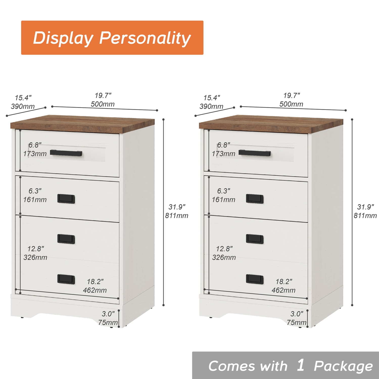 WAMPAT Tall Night Stand Set of 2 Side Table for Bed Room 3 Drawers Dresser for Living Room Office,Set of 2,Antique White