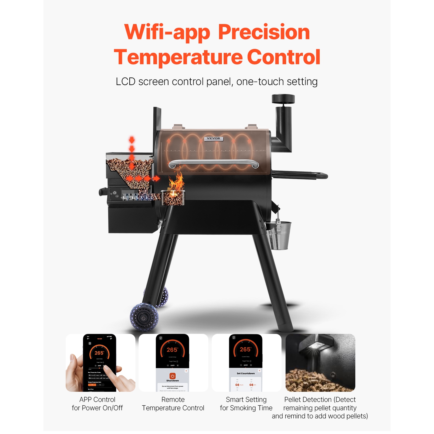 Fumoir à granules de bois 8-en-1 VEVOR, barbecues pour cuisson à l'extérieur, fumoirs électriques de 575 po2 avec contrôle par application Wi-Fi,
