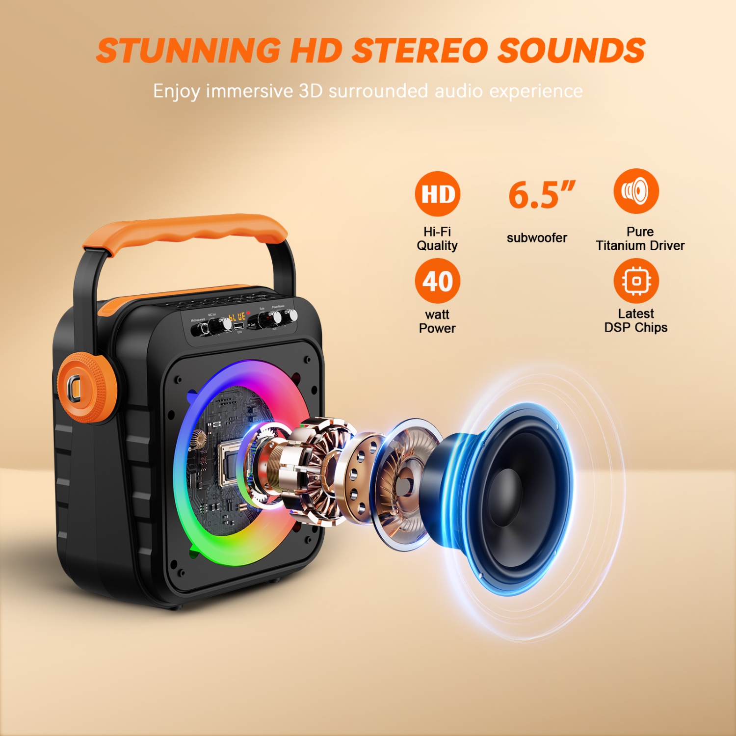 Machine à karaoké Bluetooth de FanFun, machine à chanter avec 2 micros sans fil, haut-parleur de karaoké portatif avec lumières LED, MS80