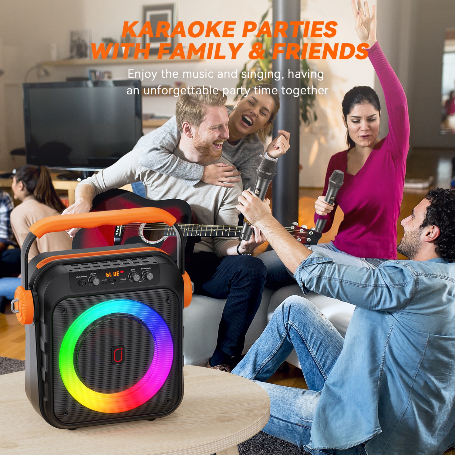 Machine à karaoké Bluetooth de FanFun, machine à chanter avec 2 micros sans fil, haut-parleur de karaoké portatif avec lumières LED, MS80
