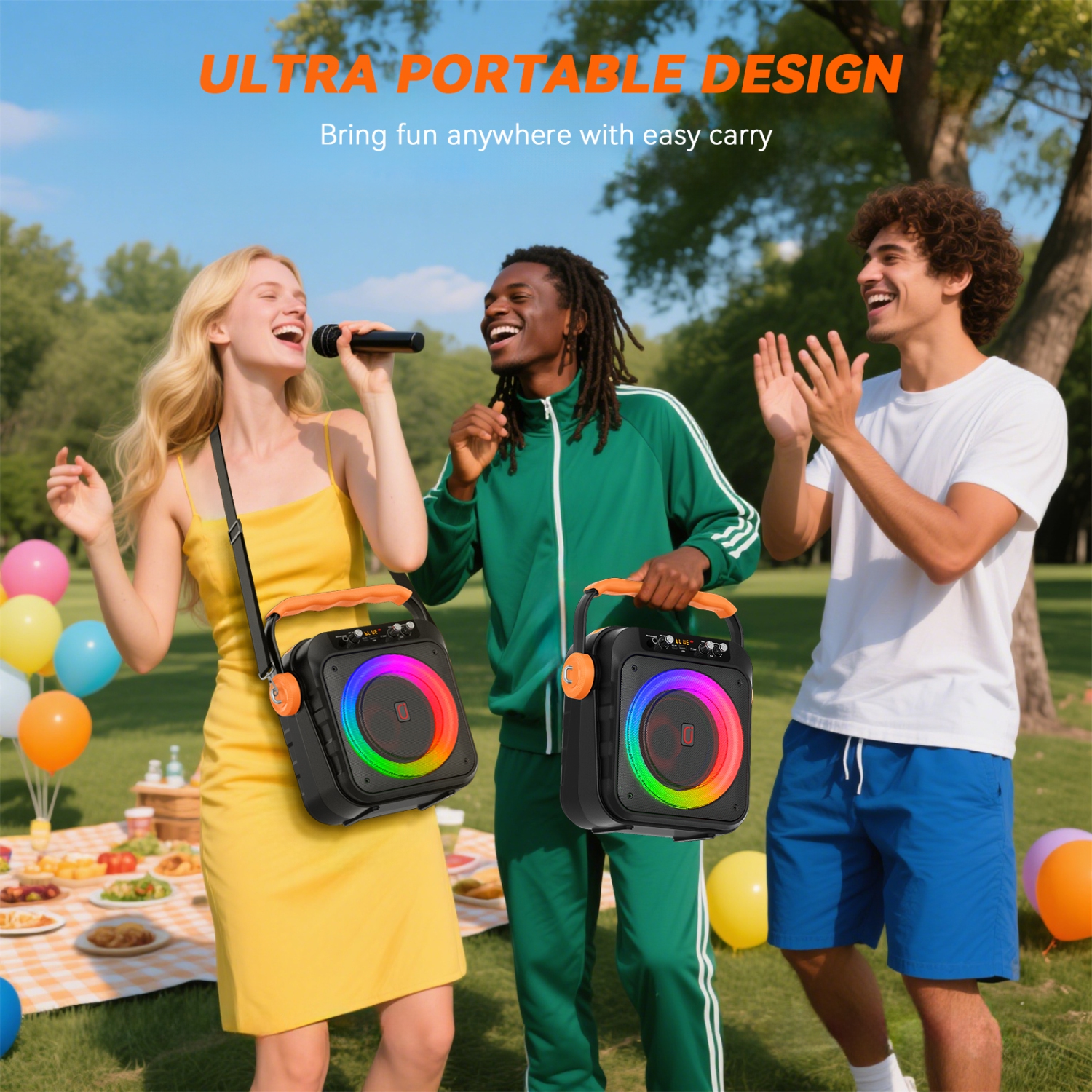 Machine à karaoké Bluetooth de FanFun, machine à chanter avec 2 micros sans fil, haut-parleur de karaoké portatif avec lumières LED, MS80