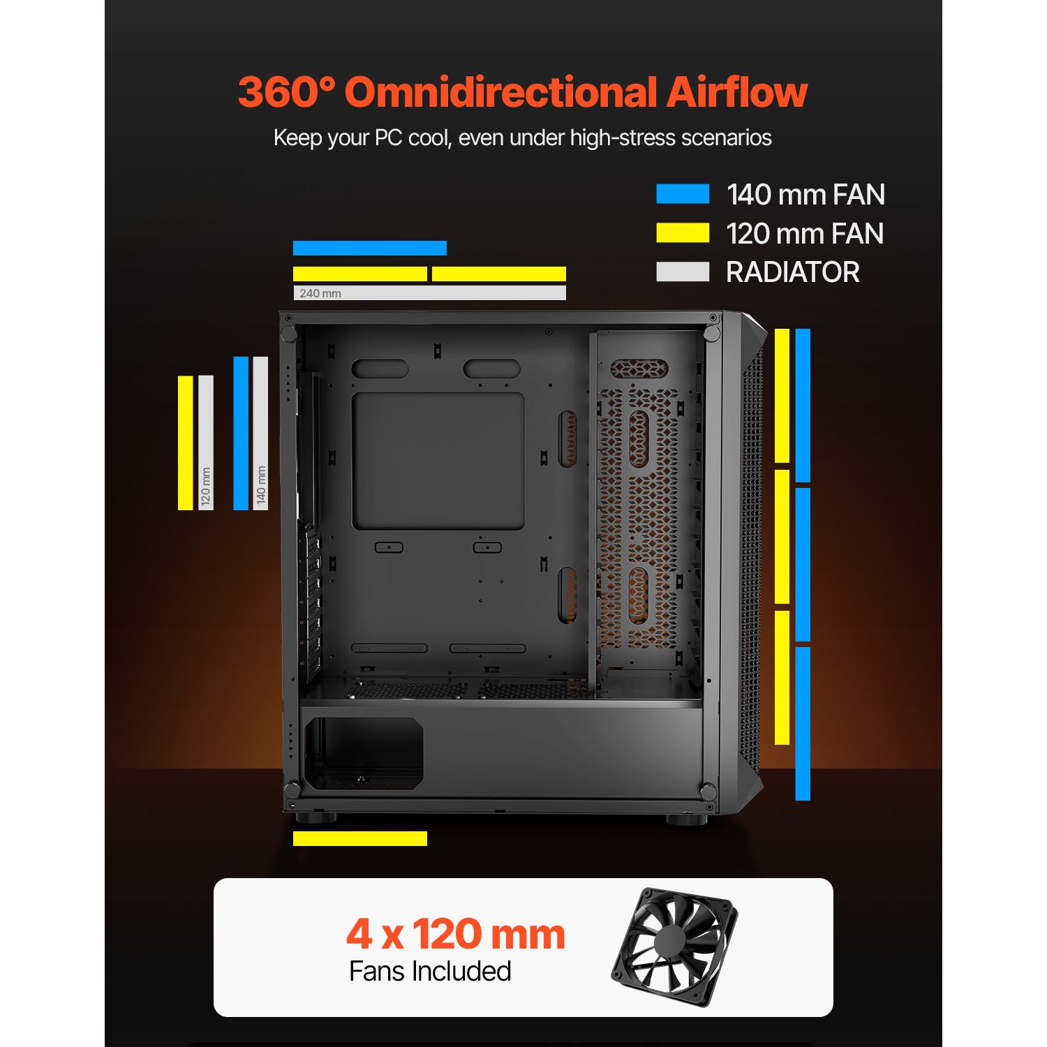 VEVOR PC Gaming Case, Mid-Tower, Computer Case with High-Airflow Tempered Glass Panel, Dust Filter, 4 x 120 mm Fans, for GPU up to 270 mm in Length,