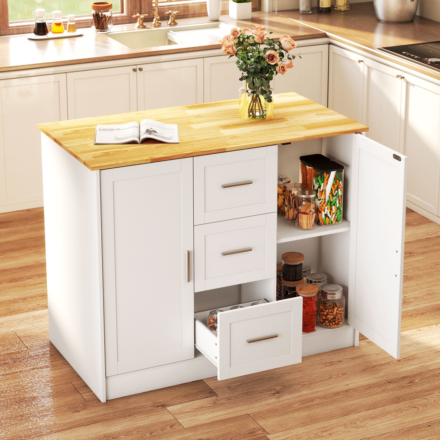HOMCOM – Îlot de cuisine moderne avec espace pour s'asseoir, 2 armoires de rangement, 3 tiroirs et 2 tablettes réglables pour salle à manger, blanc