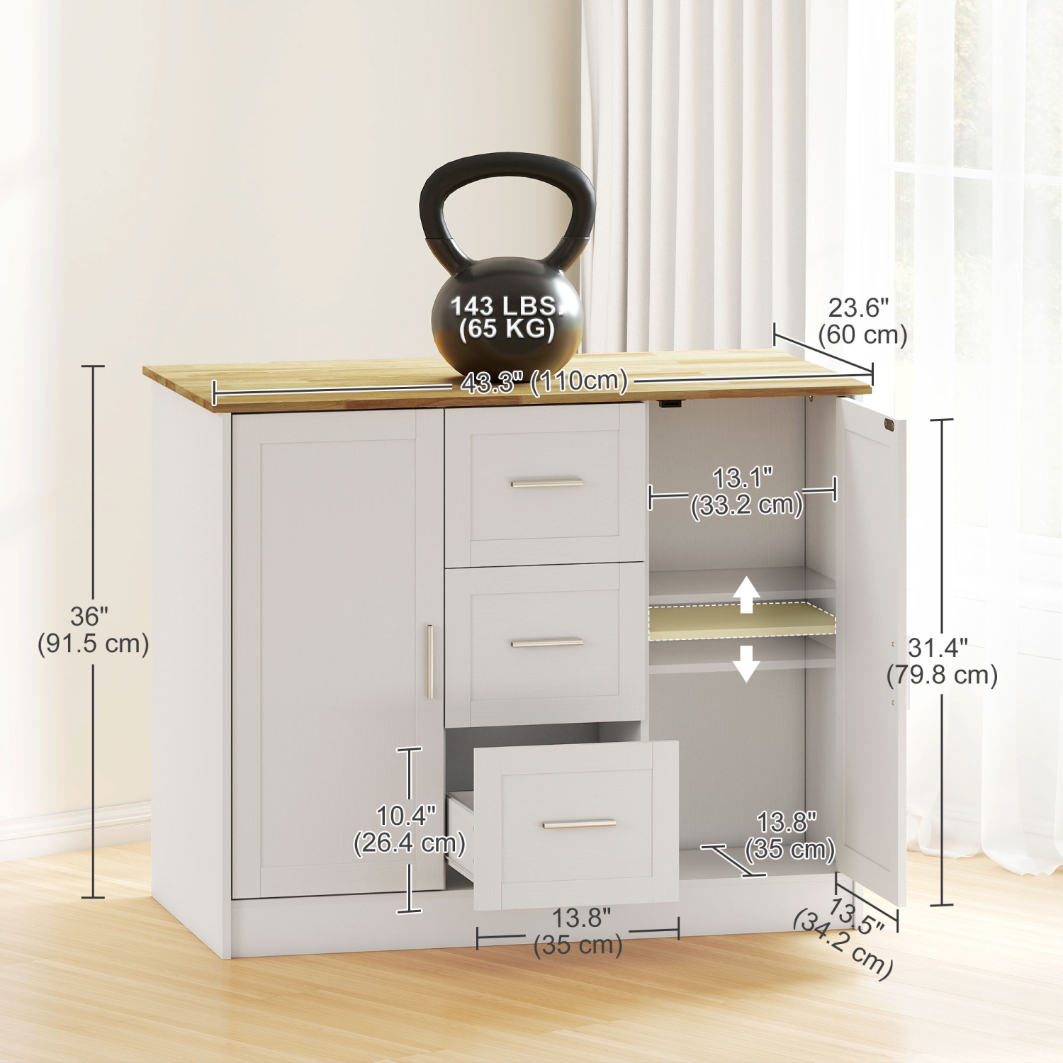 HOMCOM – Îlot de cuisine moderne avec espace pour s'asseoir, 2 armoires de rangement, 3 tiroirs et 2 tablettes réglables pour salle à manger, blanc