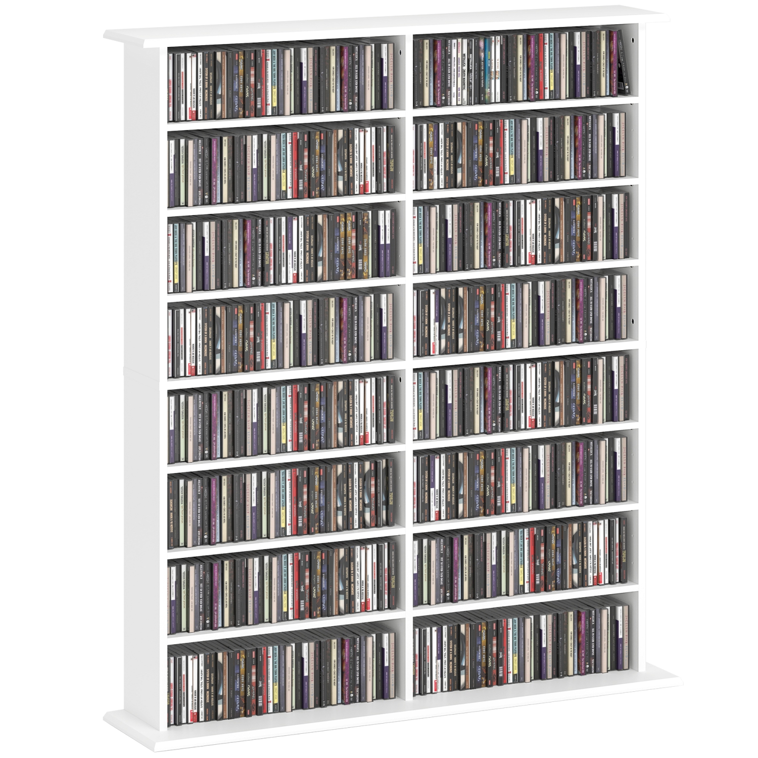 HOMCOM Double Media Storage Cabinet, 8-Tier DVD Shelf with 12 Adjustable Shelves, 16 Compartments, Holds 720 CDs, 396 DVDs or 396 Blu-rays, White