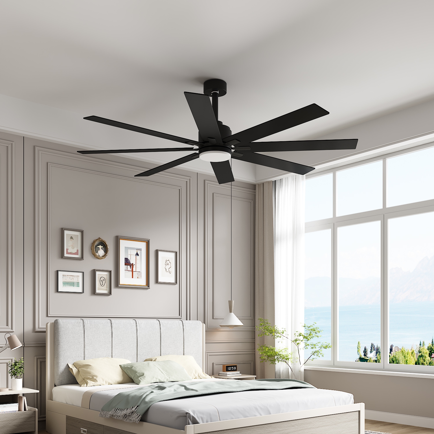 Ventilateur de plafond extérieur à couleur changeante de 72,7&nbsp;po de Famapy avec 8 pales noires et lumière intégrée – puissant moteur c.c.