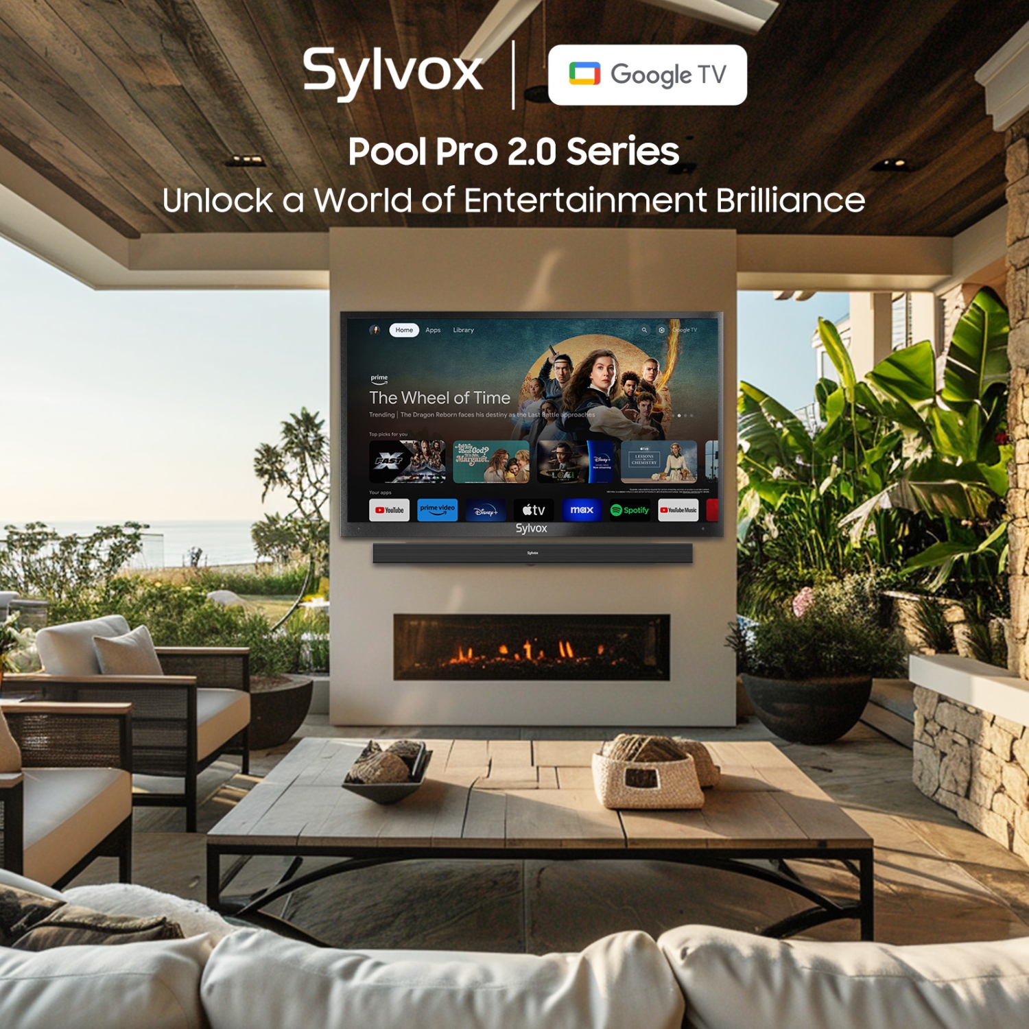 Open Box - SYLVOX 43” Outdoor Smart TV, IP55 Waterproof, 4K UHD 2000 Nits Brightness for Full Sun, Google TV with Chromecast & Assistant – Pool Pro