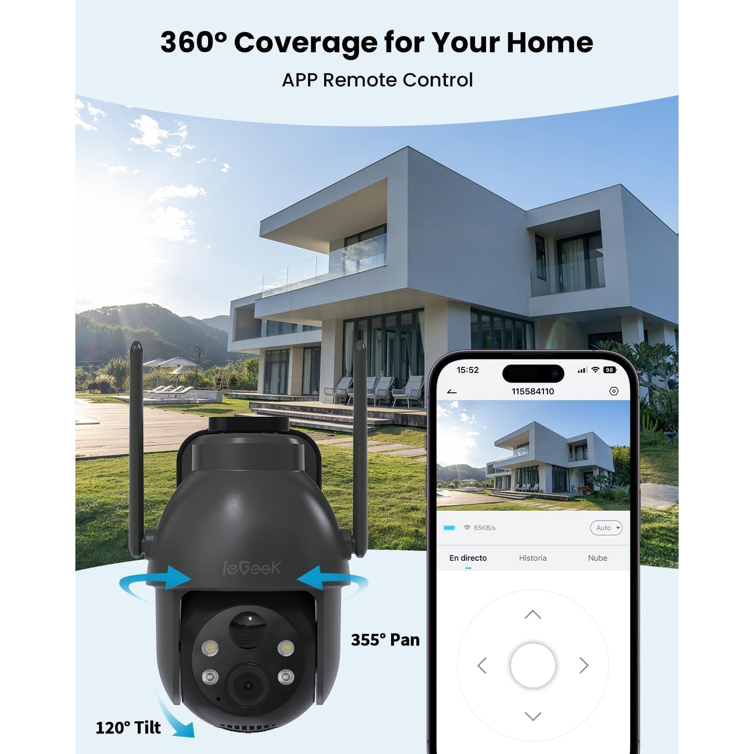 Caméras de sécurité sans fil extérieures, système de caméras Wi-Fi 360° PTZ 2,4 G pour surveillance extérieure à domicile, caméra solaire et à