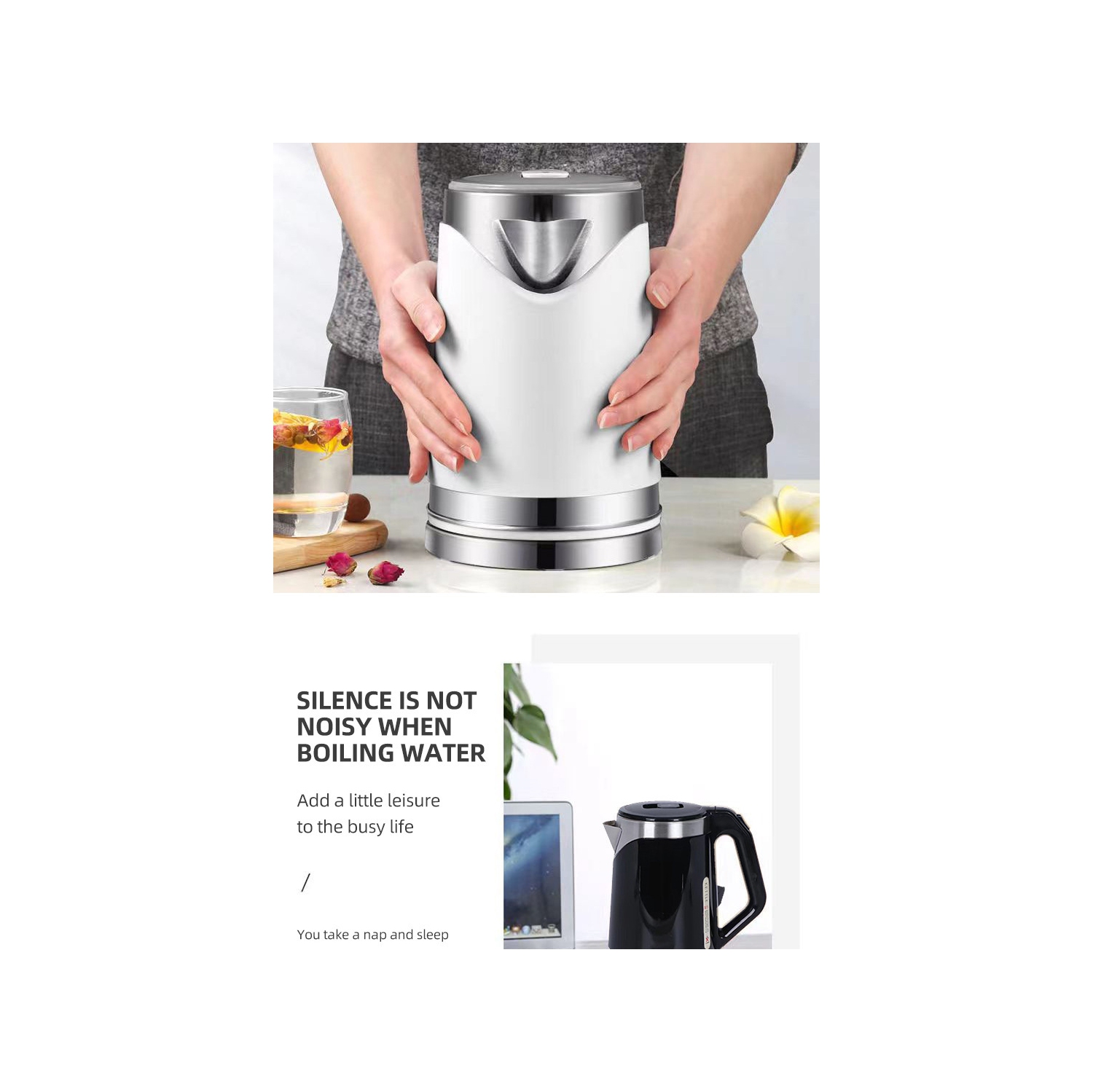 110V Stainless Steel Electric Kettle with Auto Shutoff, 304 Stainless Steel Double Wall Anti-Scalding, US Standard 2.0L - Black