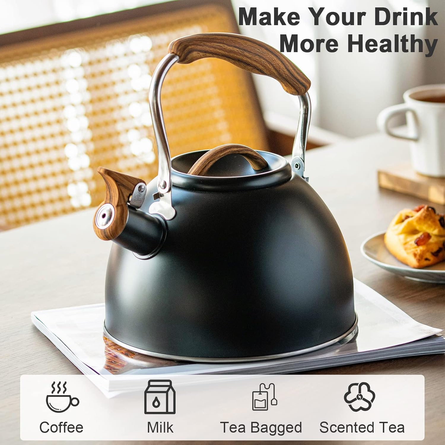 Suitable for induction, gas, and ceramic stoves. 3L large capacity whistling kettle for coffee or milk brewing. White.