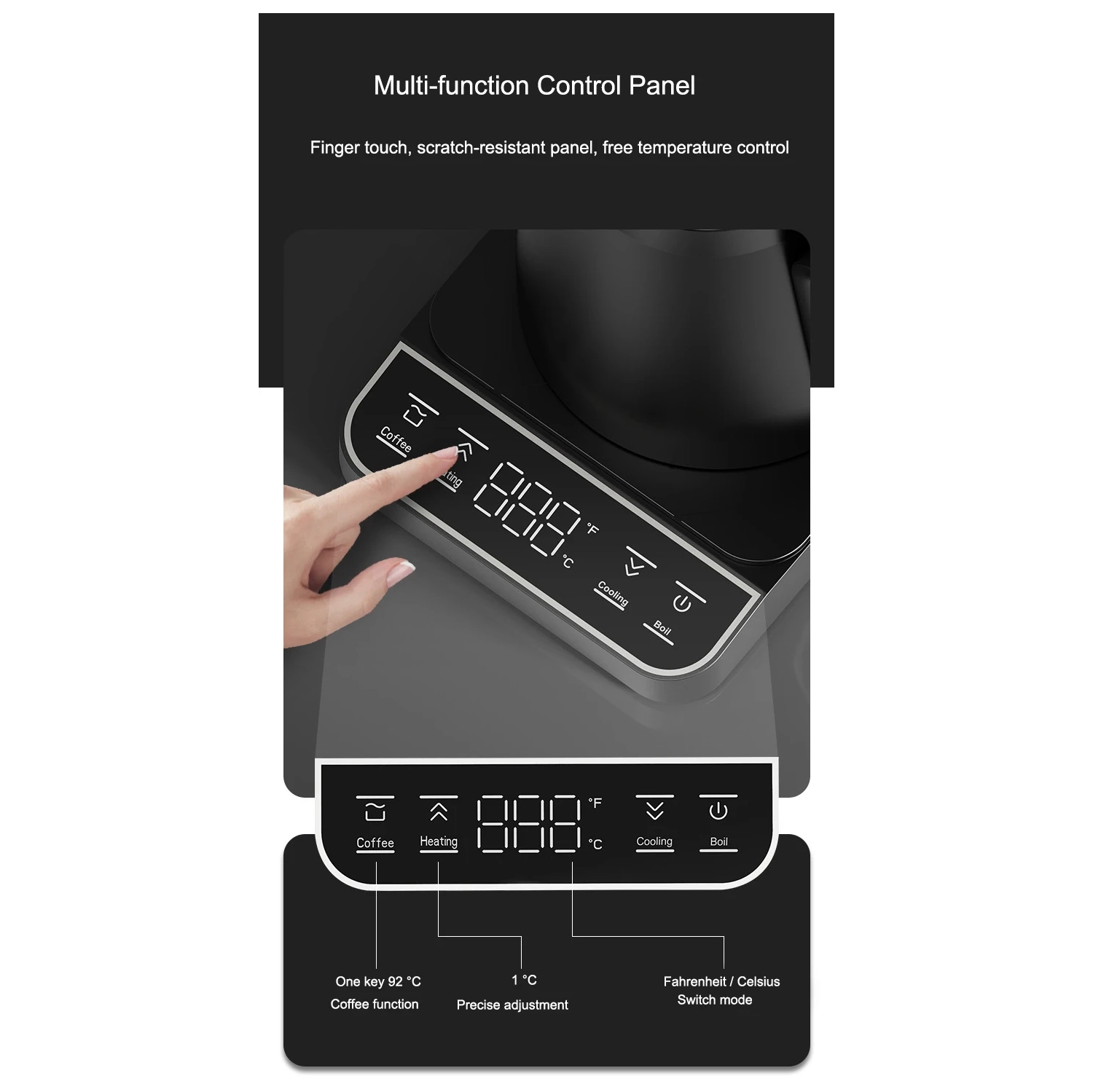 Slim-mouth Gooseneck Electric Kettle, Hand-pour Coffee Maker, Smart Temperature Control Panel, Constant Temperature Kettle - Black - American Standard