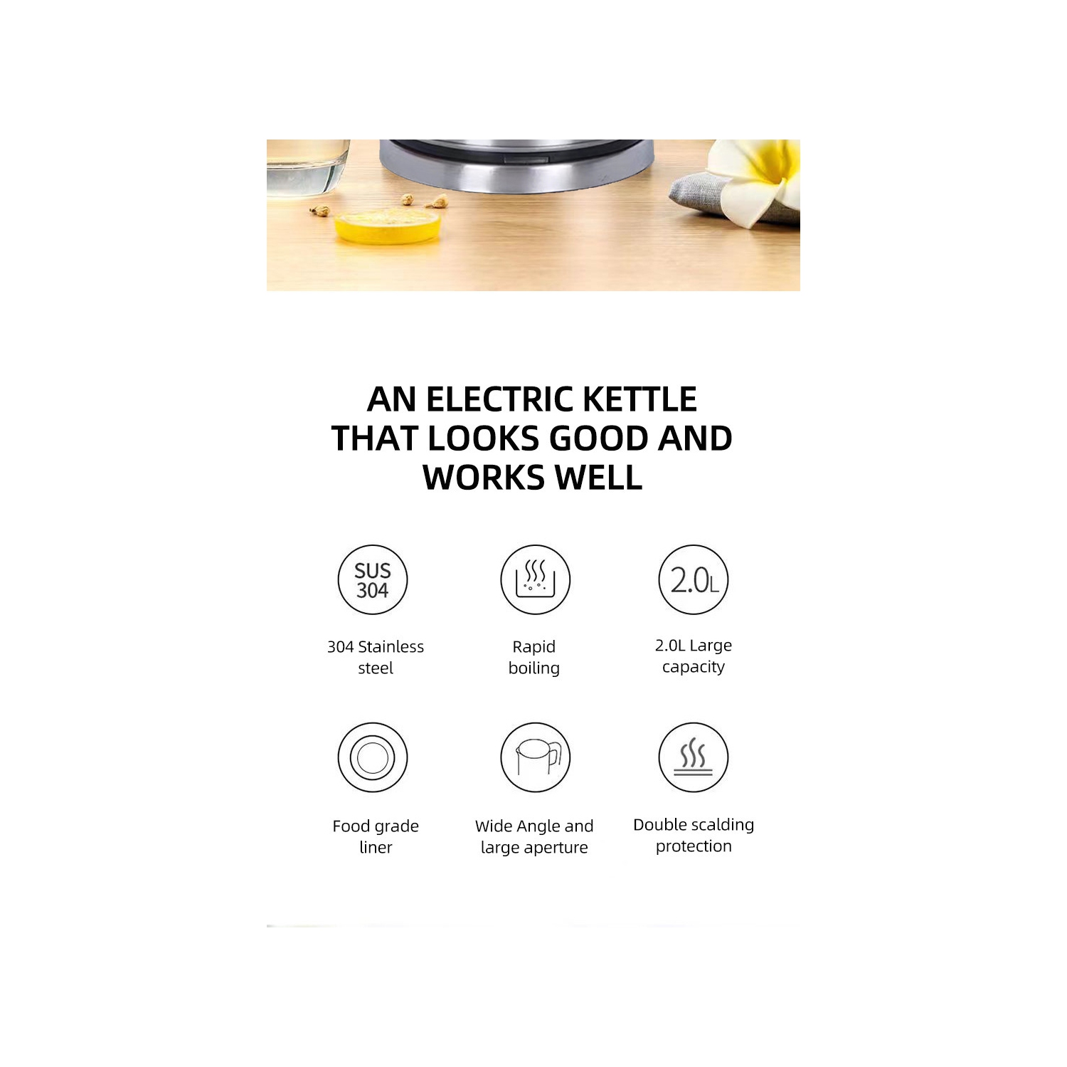 110V Stainless Steel Electric Kettle with Auto Shutoff, 304 Stainless Steel Double Wall Anti-Scalding, US Standard 2.0L - White