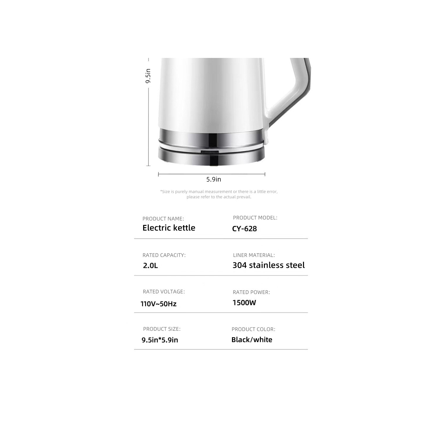 110V Stainless Steel Electric Kettle with Auto Shutoff, 304 Stainless Steel Double Wall Anti-Scalding, US Standard 2.0L - White