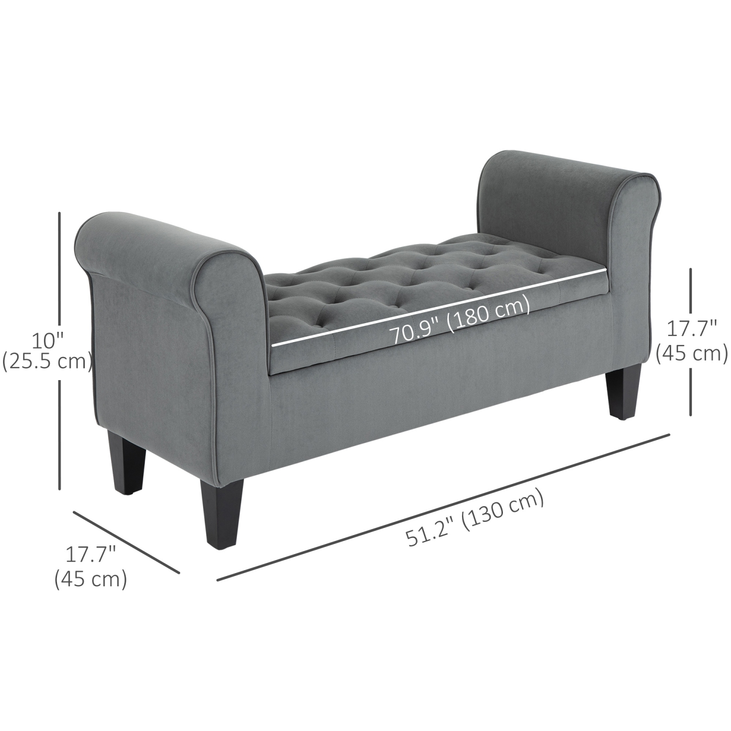 HOMCOM – Banc de rangement capitonné, banc de bout rembourré avec accoudoirs roulés, coffre de rangement, pour salon, chambre, entrée, Gris