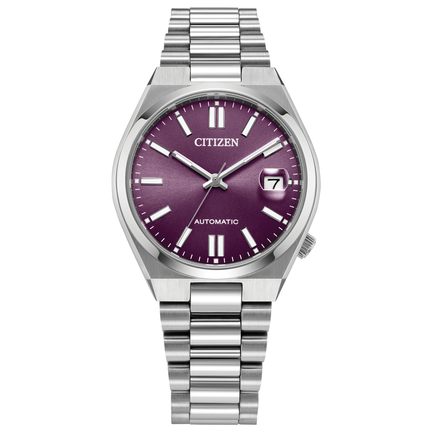 Montre automatique unisexe Tsuyosa de 37&nbsp;mm 37&nbsp;mm avec boîtier et bracelet en inox argenté et cadran violet de Citizen