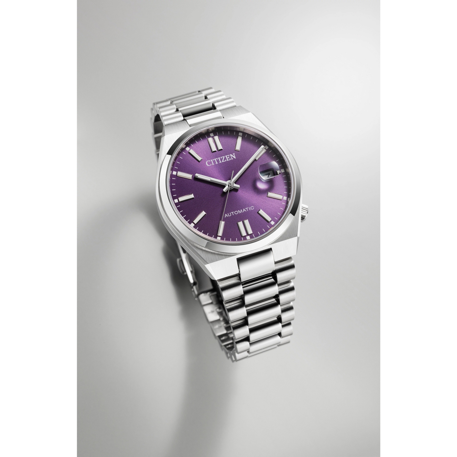 Montre automatique unisexe Tsuyosa de 37&nbsp;mm 37&nbsp;mm avec boîtier et bracelet en inox argenté et cadran violet de Citizen