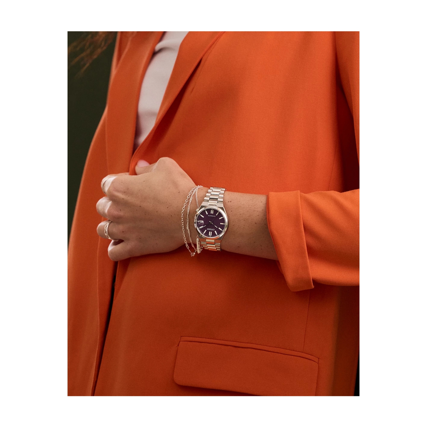 Montre automatique unisexe Tsuyosa de 37&nbsp;mm 37&nbsp;mm avec boîtier et bracelet en inox argenté et cadran violet de Citizen