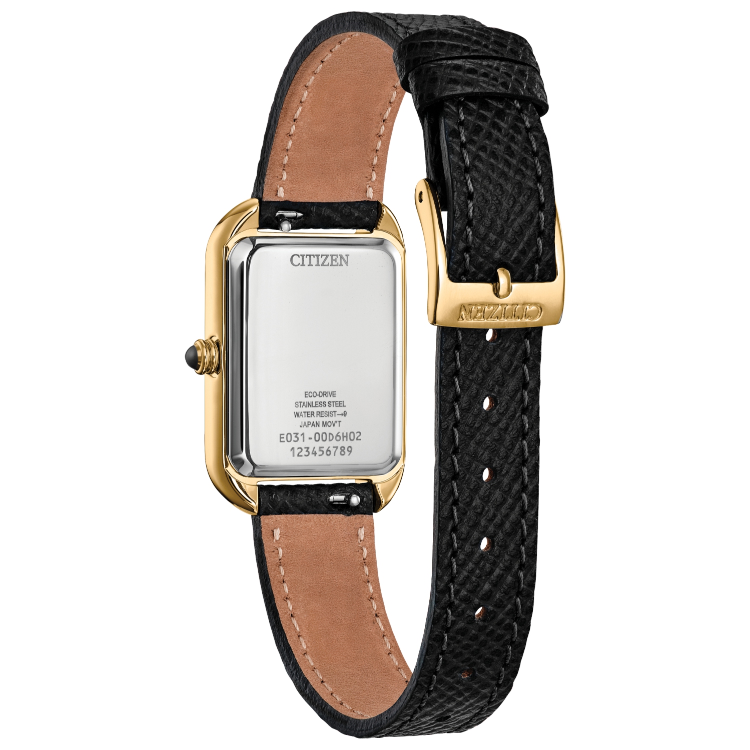 Montre-bijou classique pour femmes Eco-Drive 23,5 mm avec boîtier en acier inoxydable doré bracelet en cuir noir et cadran noir