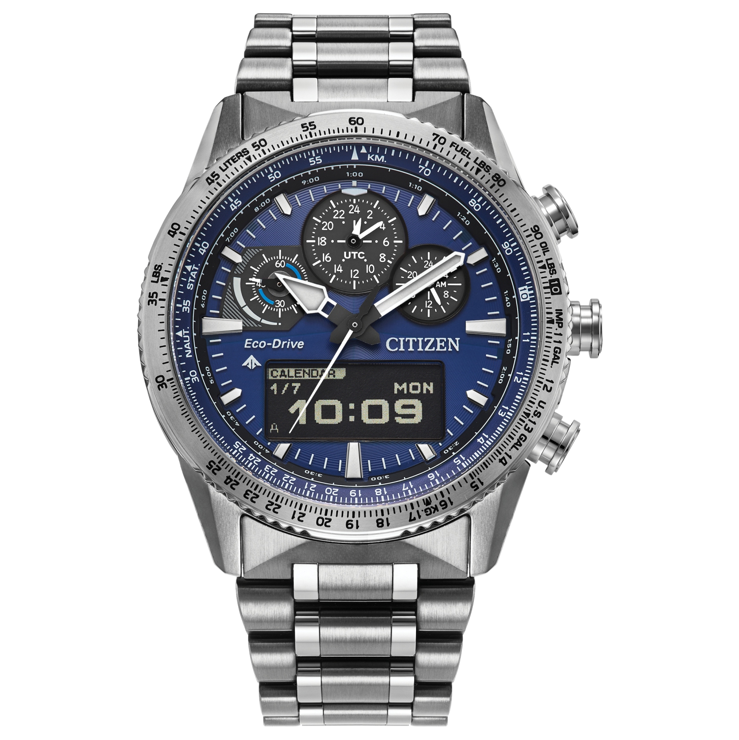 Montre homme Eco-Drive Promaster Skyhawk U830 Citizen boîtier inox argenté et bracelet 43&nbsp;mm cadran bleu
