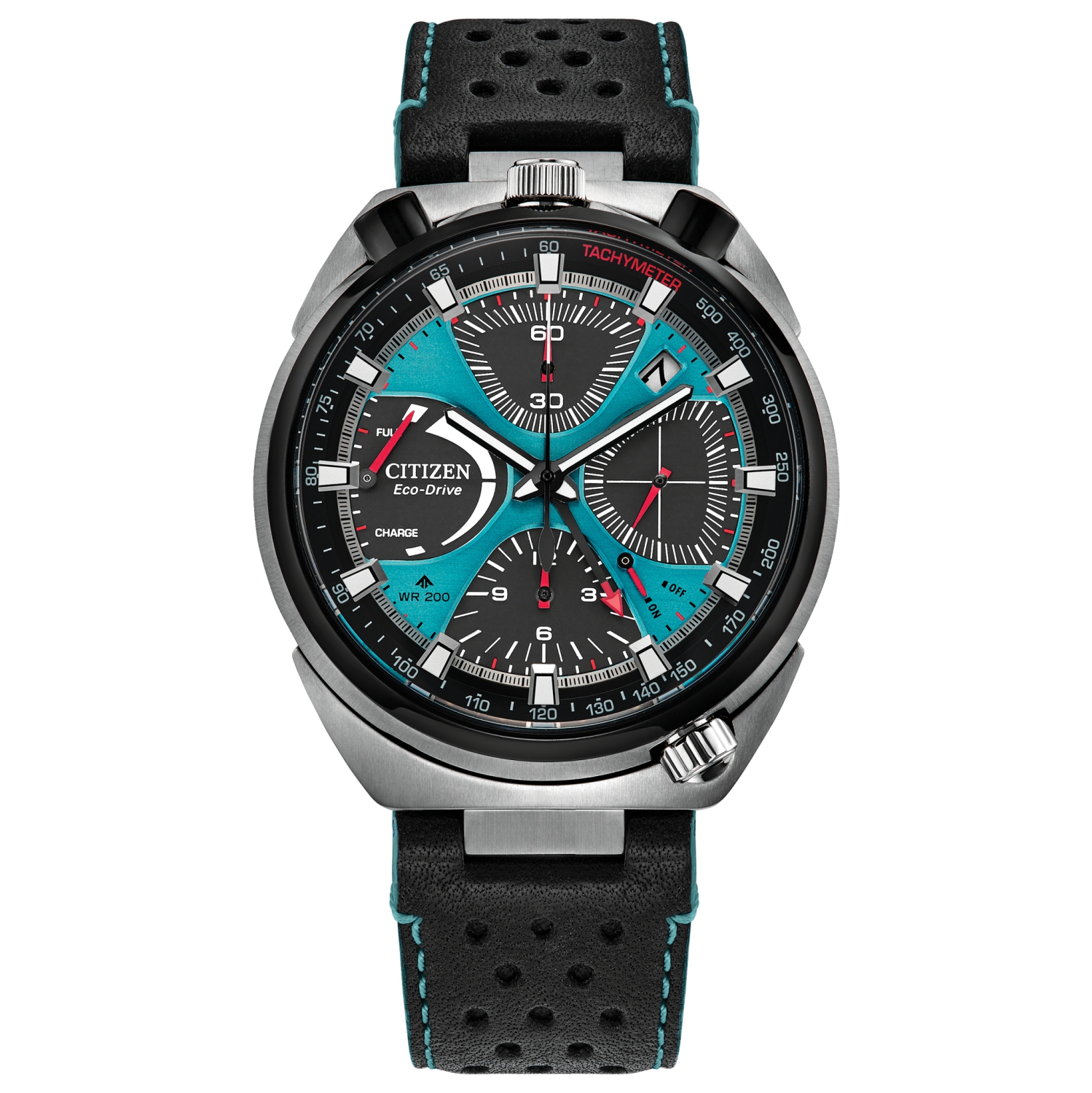 Montre homme Eco-Drive Promaster Tsuno Chrono Racer édition limitée 44,5&nbsp;mm boîtier inox argenté bracelet cuir noir cadran bleu Citizen