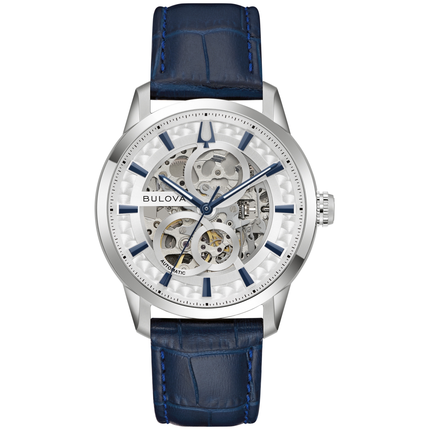 Montre automatique pour hommes Sutton de Bulova 40&nbsp;mm avec boîtier en acier inoxydable argenté bracelet en cuir bleu et cadran argenté