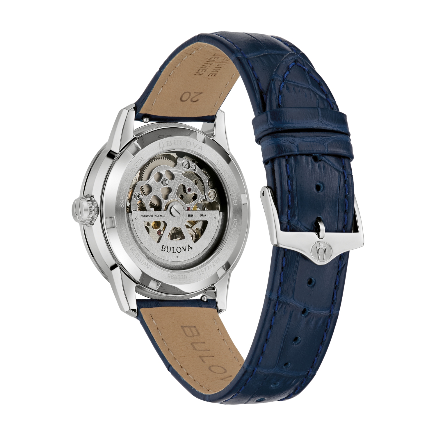 Montre automatique pour hommes Sutton de Bulova 40&nbsp;mm avec boîtier en acier inoxydable argenté bracelet en cuir bleu et cadran argenté