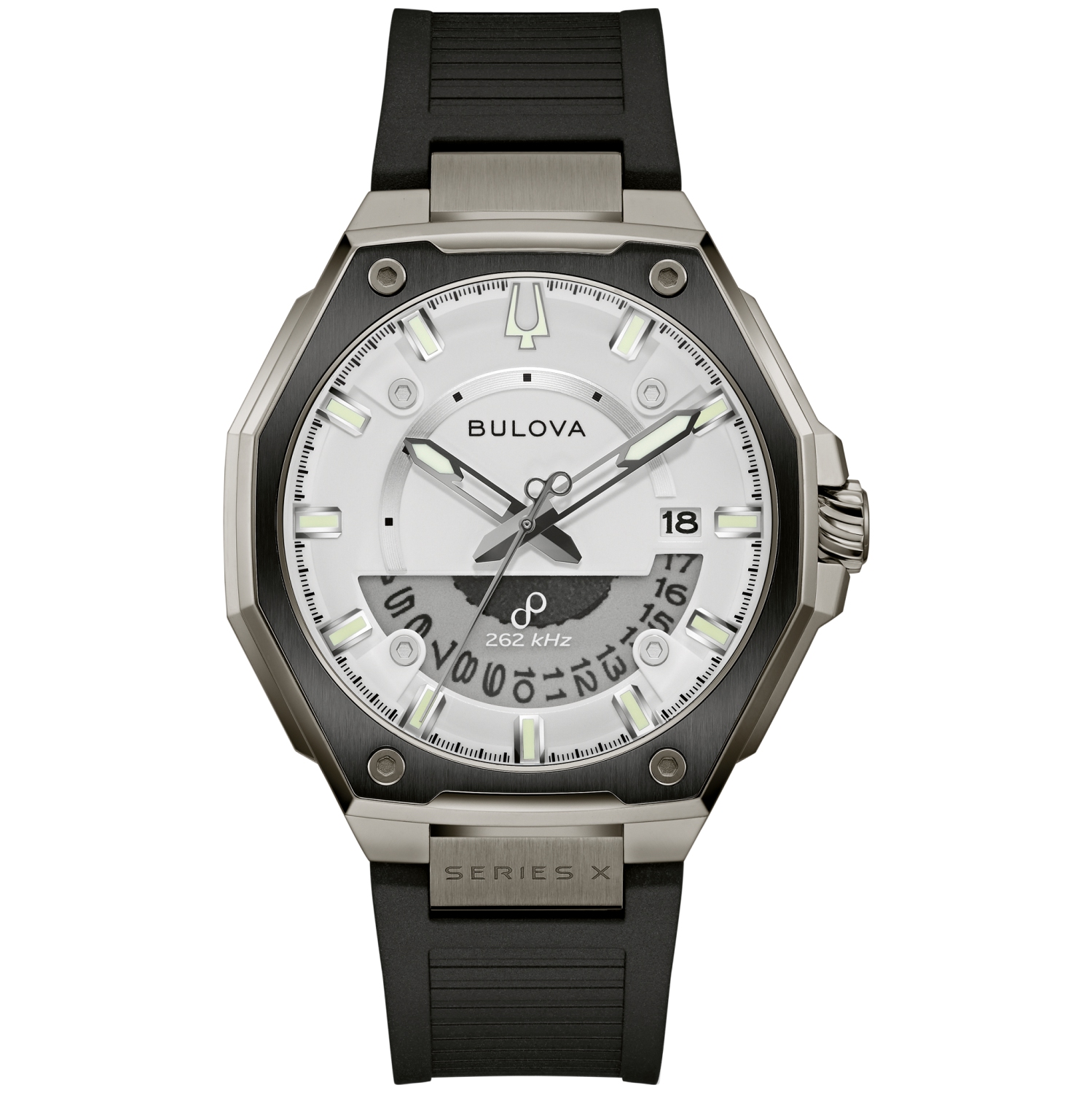 Montre pour hommes série X Precisionist de Bulova 42&nbsp;mm boîtier inox gris bracelet caoutchouc noir HNBR cadran blanc luminescent