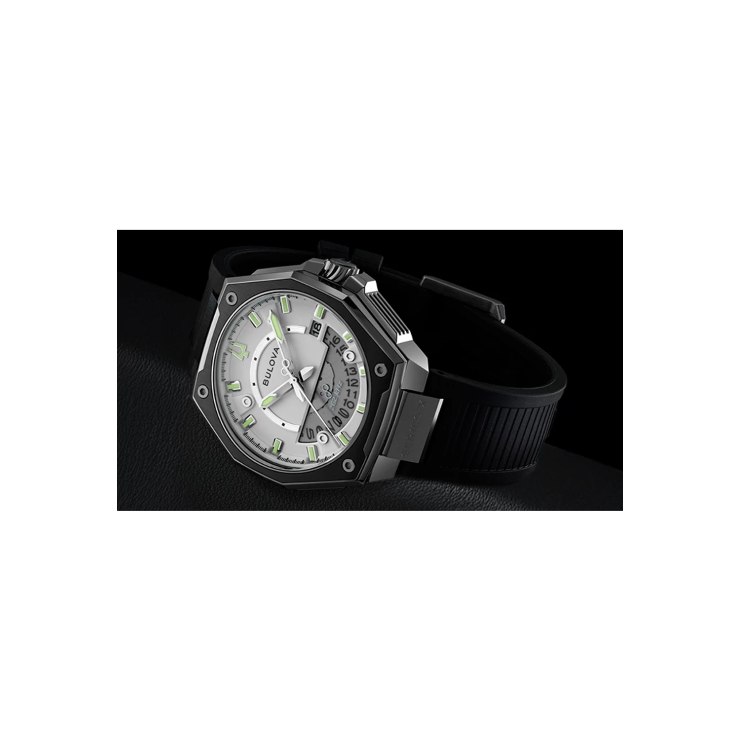 Montre pour hommes série X Precisionist de Bulova 42&nbsp;mm boîtier inox gris bracelet caoutchouc noir HNBR cadran blanc luminescent