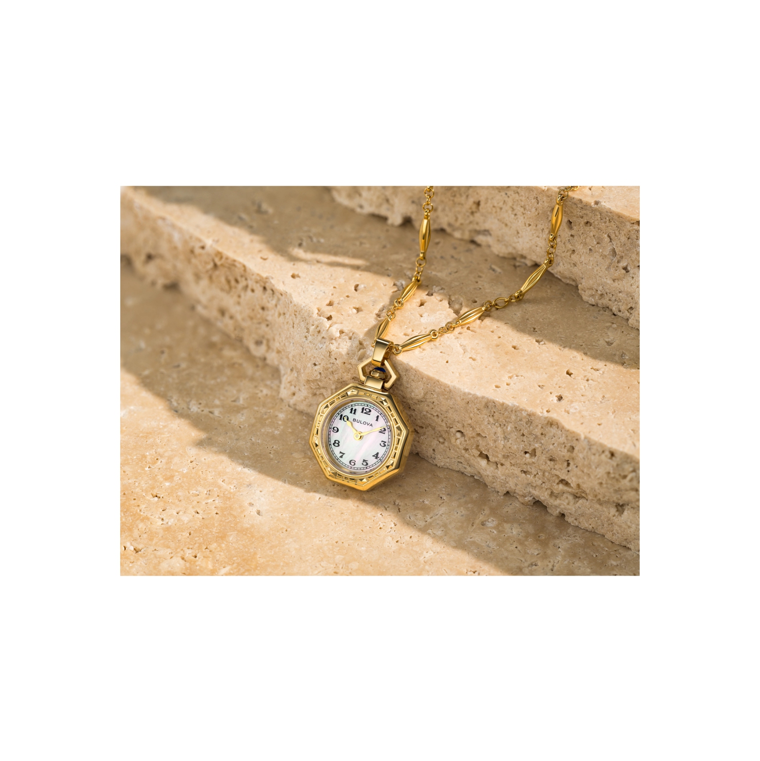 Bulova Ladies Rubaiyat Pendant Necklace Limited Edition Quartz Watch 25.5mm Gold-Tone Stainless Steel Case and Chain with White Dial