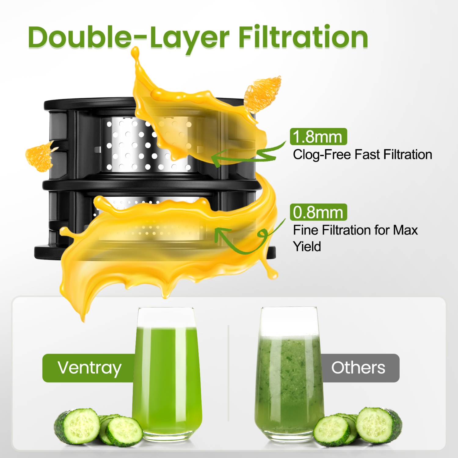 Ventray Cold Press Juicer, 4.7" Large Feed Chute Masticating Juicer with Extended Extraction Tech for Vegetables & Fruits - Black