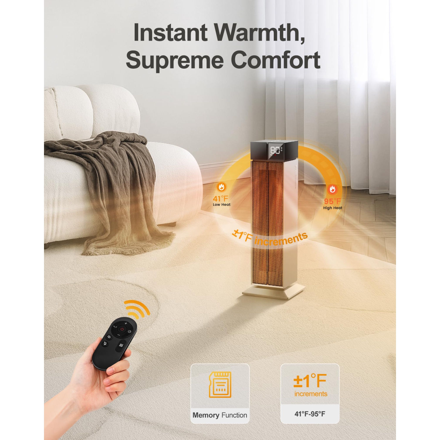 Space Heater Large Room, Electric Heaters for Indoor Use, 3 Heat Levels, 3 Modes, Multiple Safety Protections, 25” Silver Tower Heater for Office,