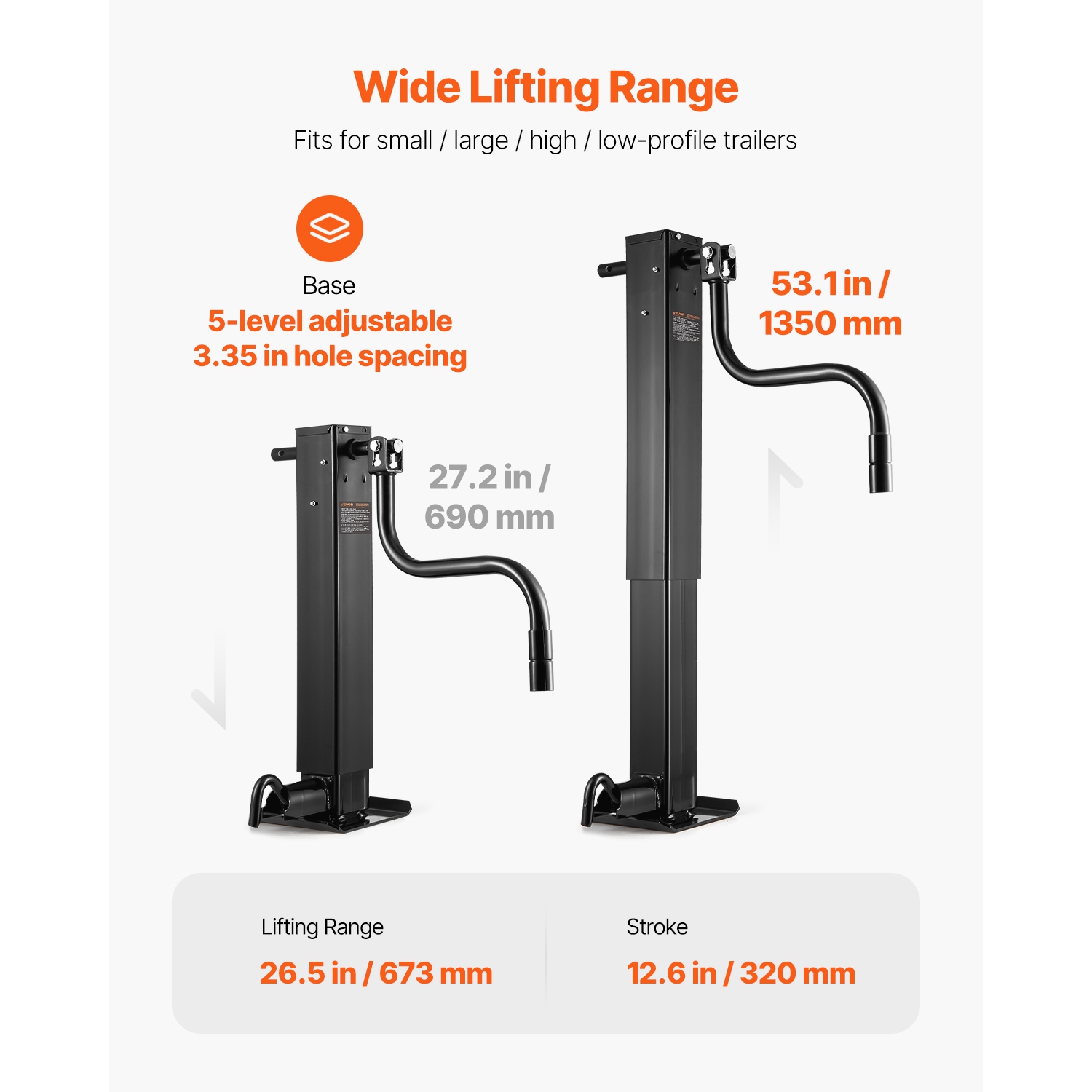 Cric de remorque VEVOR, capacité de charge dynamique 12000&nbsp;lb, cric de remorque pivotant soudé avec poignée ergonomique, course verticale de
