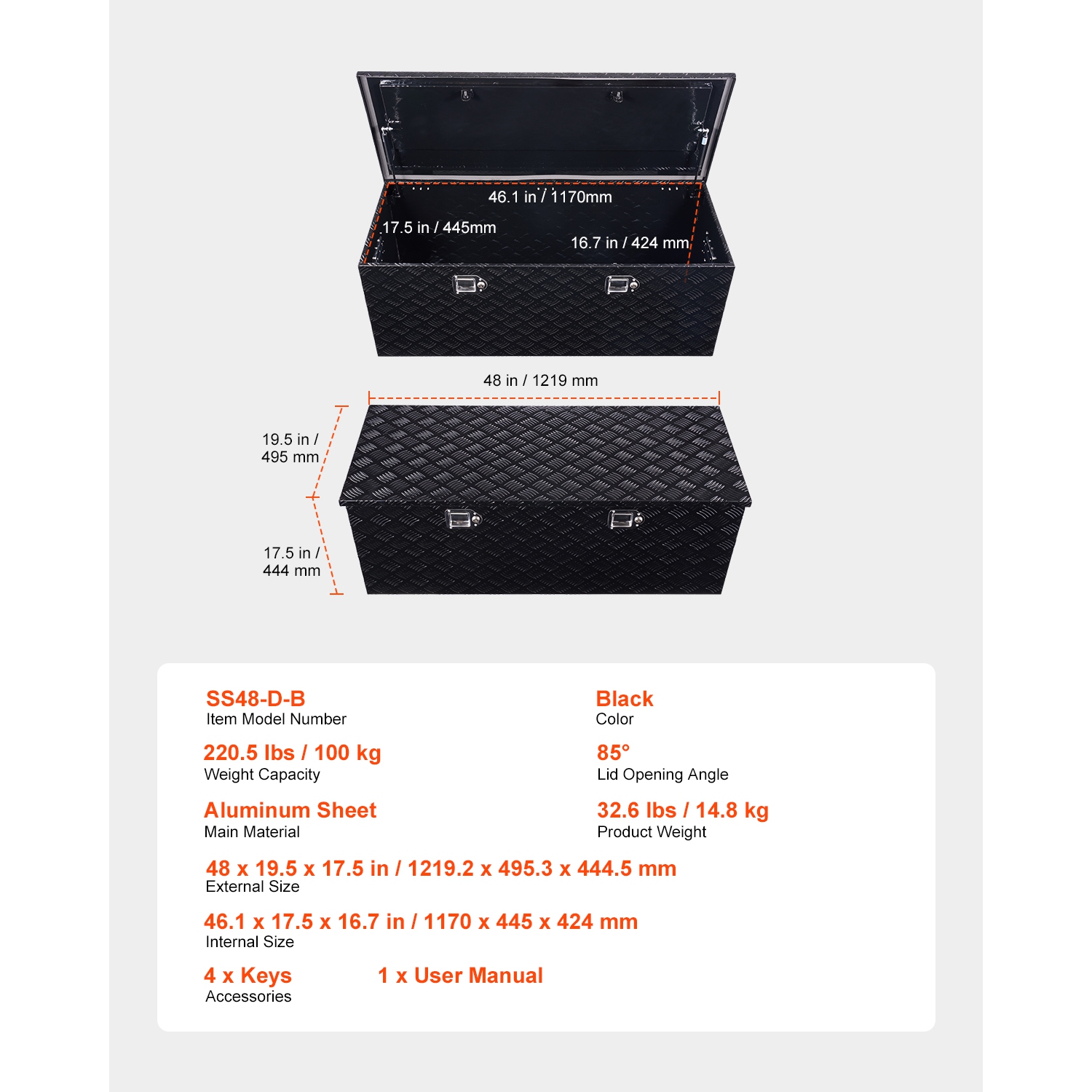 VEVOR 48"x19.5"x17.5" Heavy Duty Aluminum Truck Bed Tool Box, Stripes Plated Tool Box with Side Handle and Locks Keys, Storage Toolbox Chest