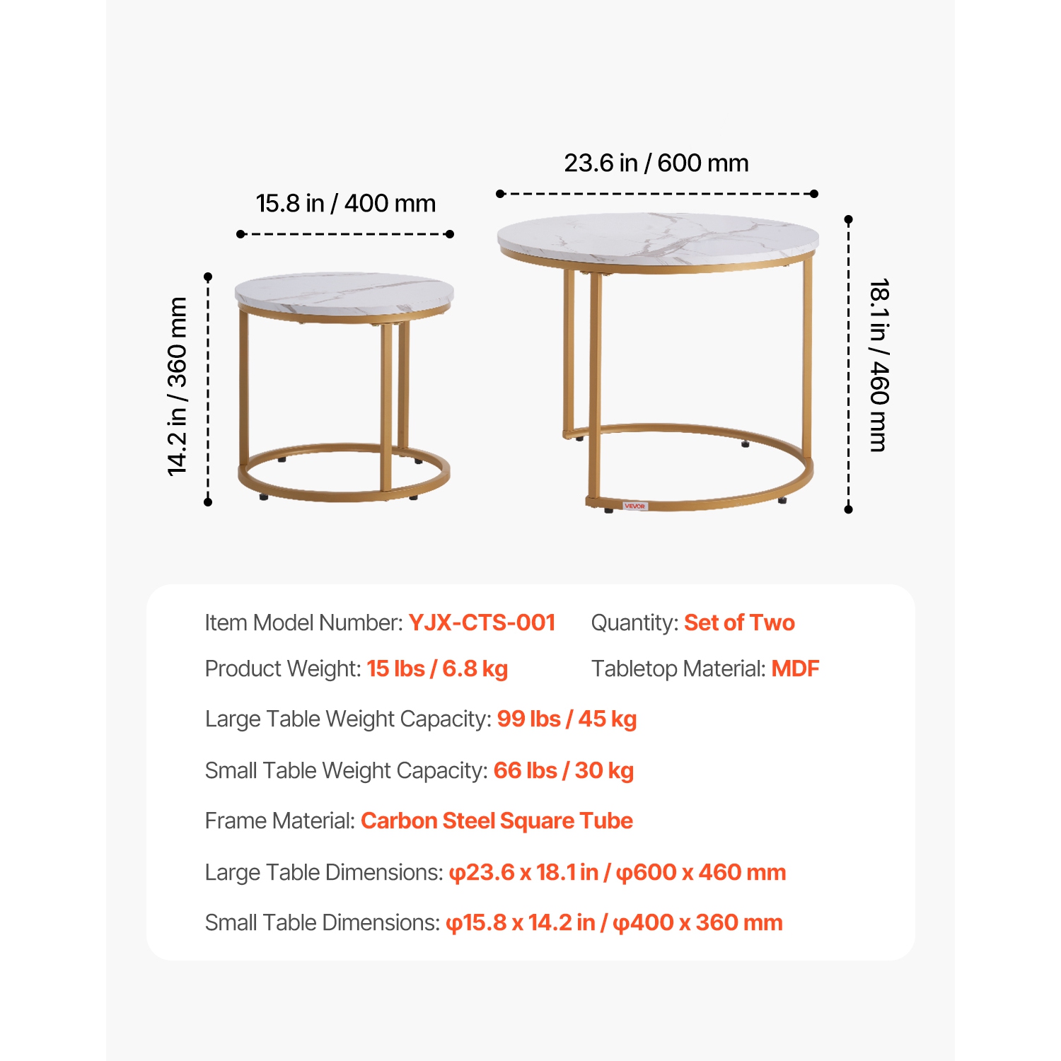 Ensemble de 2 tables basses gigognes VEVOR, table basse ronde de 23,6&nbsp;po, tables gigognes pour petite place, tables d'appoint Vintage avec cadre